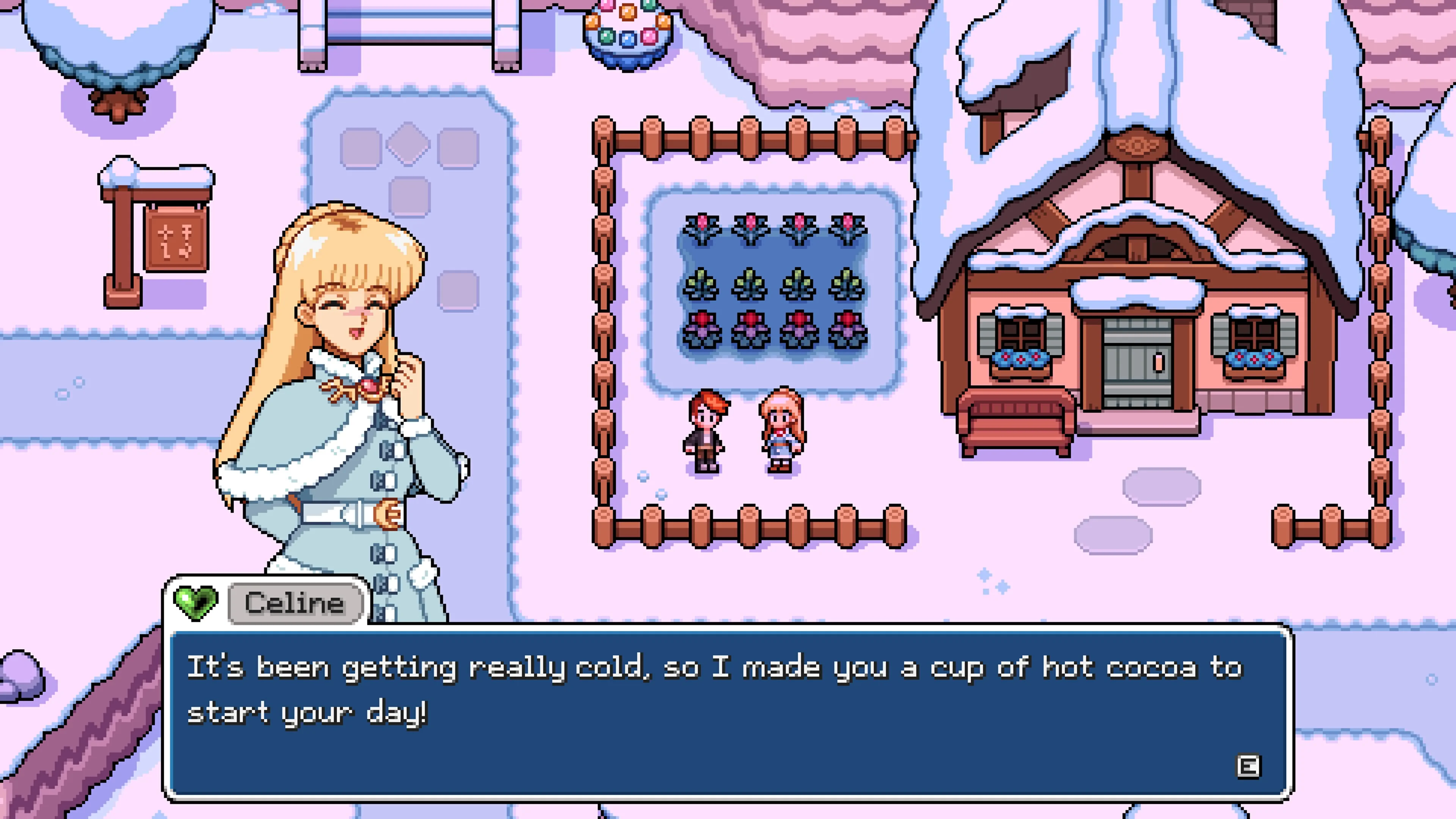 Celine speaking to the player outside a snowy home in Fields of Mistria.
