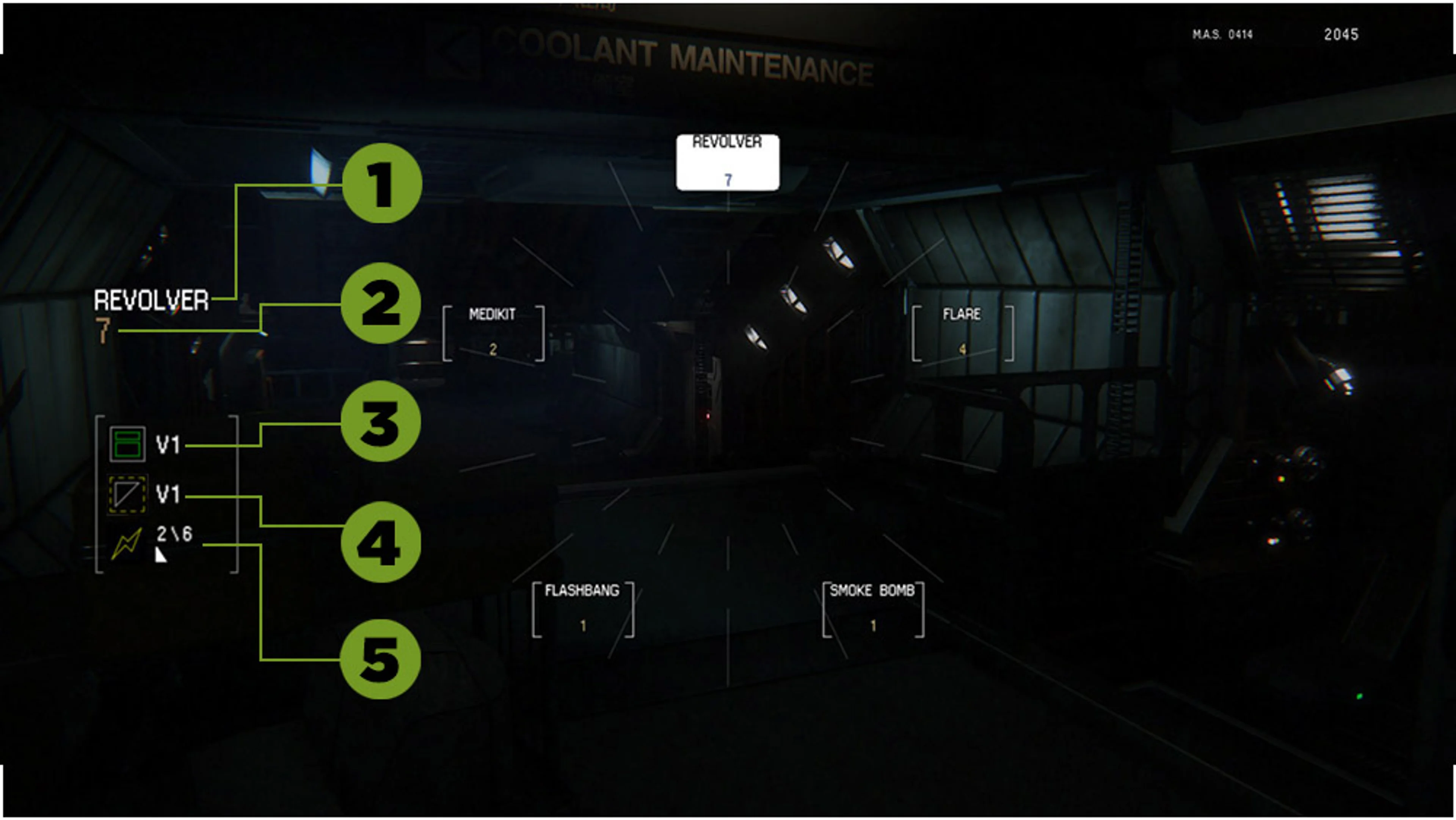 Official Alien: Isolation radial-menu screenshot with item names such as MEDKIT and FLARE around the middle, and ammunition, access tool, torch and battery indicators called out on the left.
