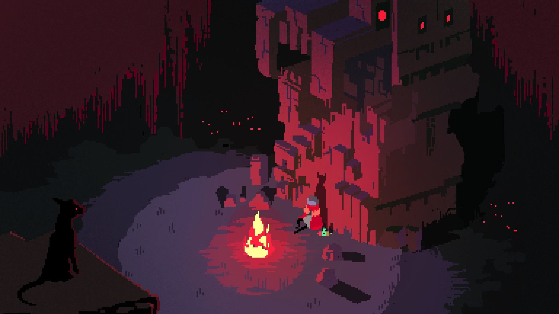 A small traveller stands near a glowing fire below dark red ruins.