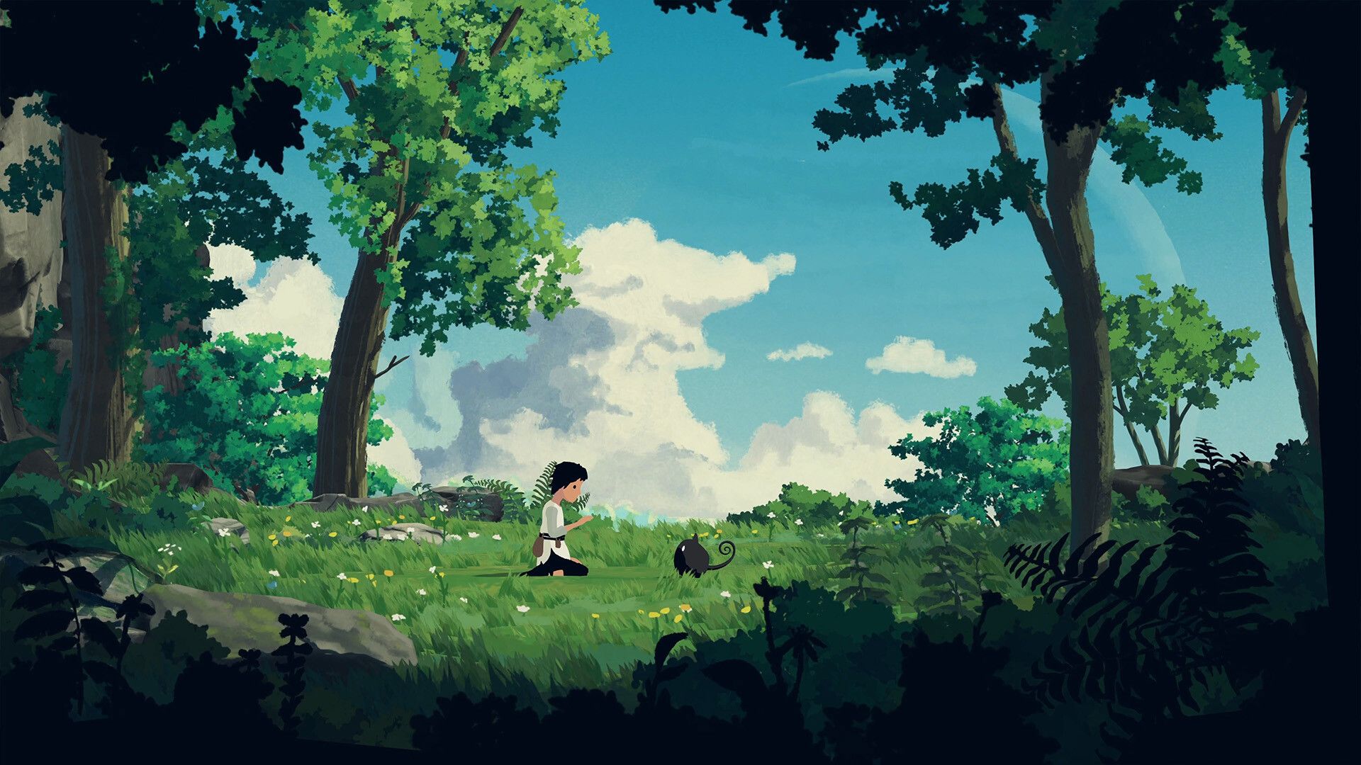 Lana and Mui stand in a sunlit forest clearing in Planet of Lana.