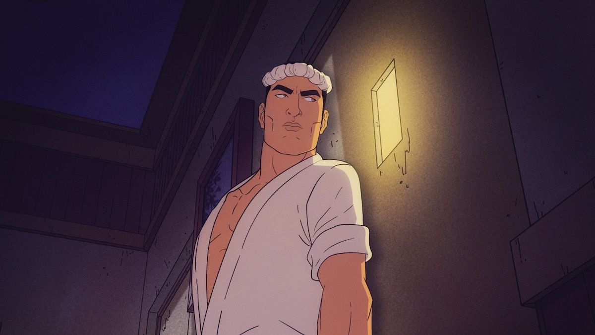 Jiro wears an open white outfit and a rolled headband beside a lit doorway.