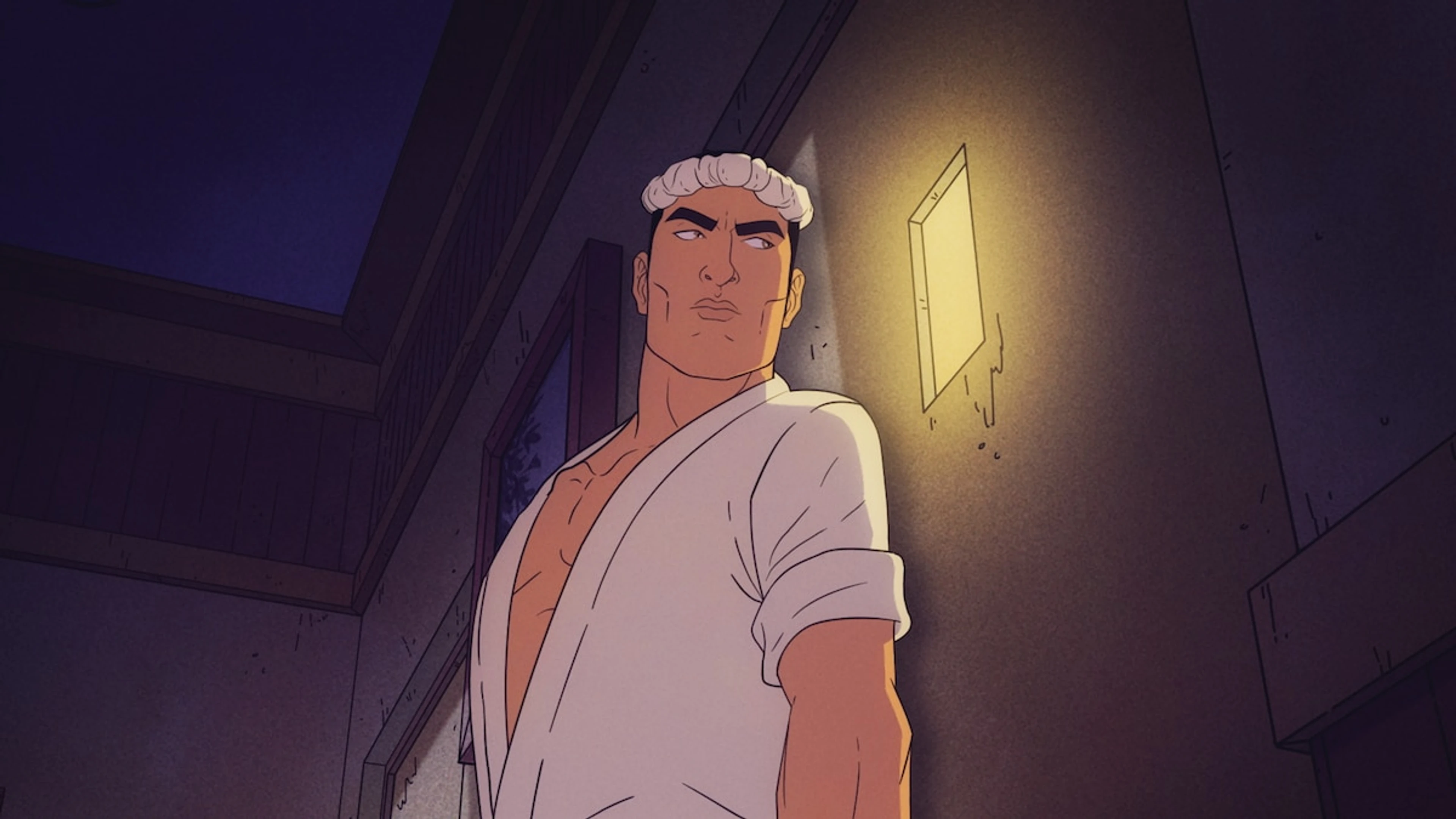 Jiro wears an open white outfit and a rolled headband beside a lit doorway.