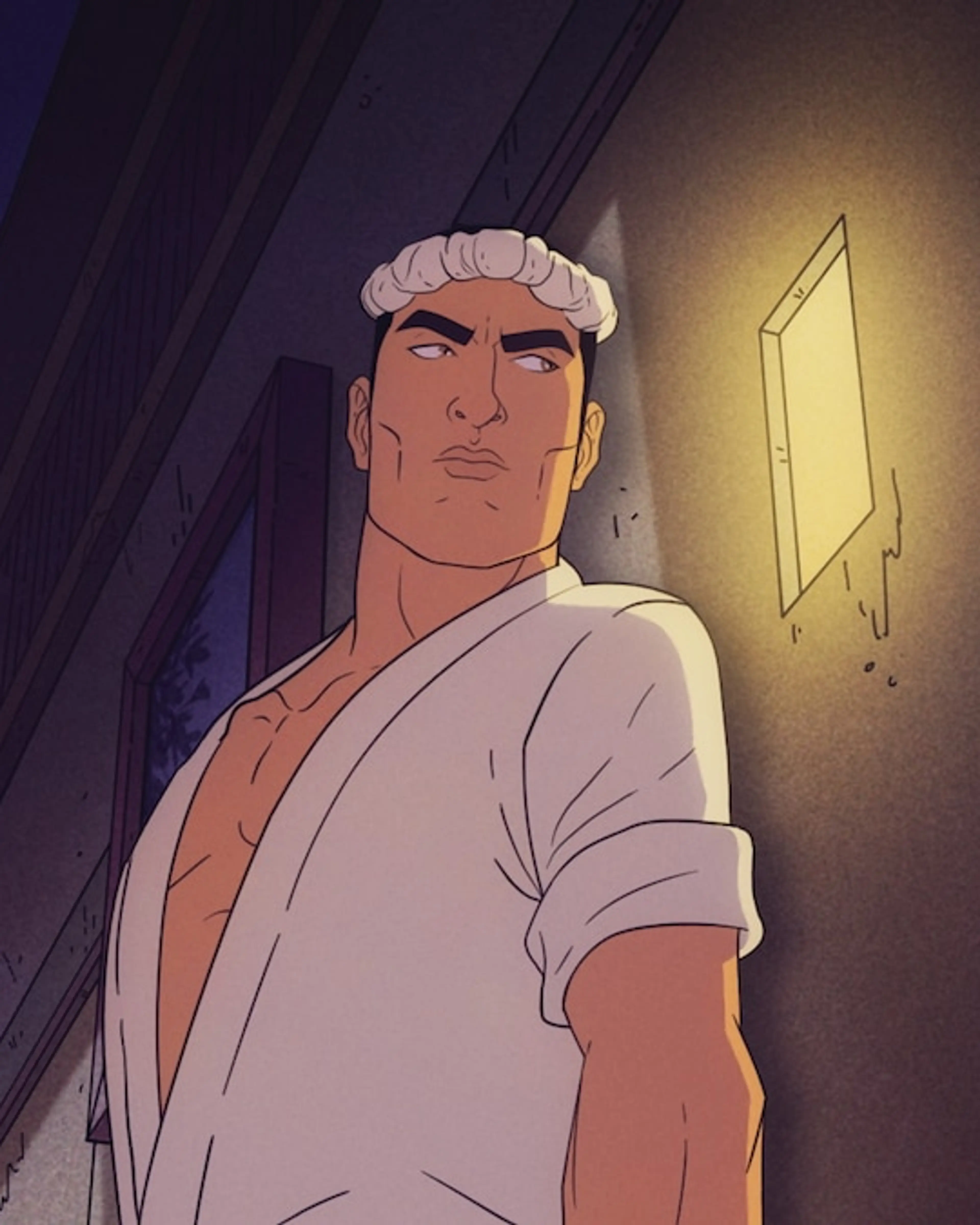 Jiro wears an open white outfit and a rolled headband beside a lit doorway.