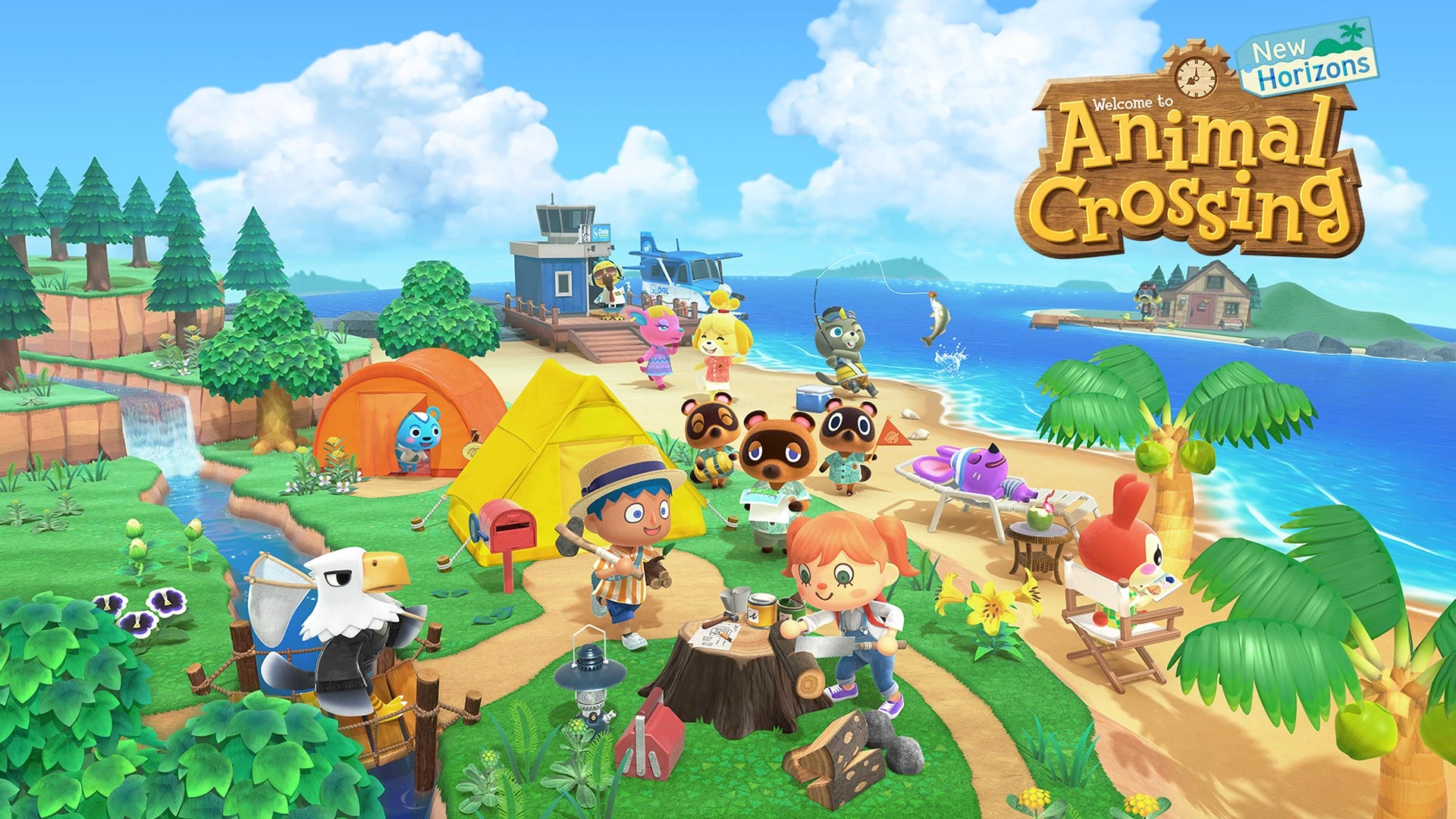 Island residents fishing, gathering wood and relaxing beside tents in Animal Crossing: New Horizons.