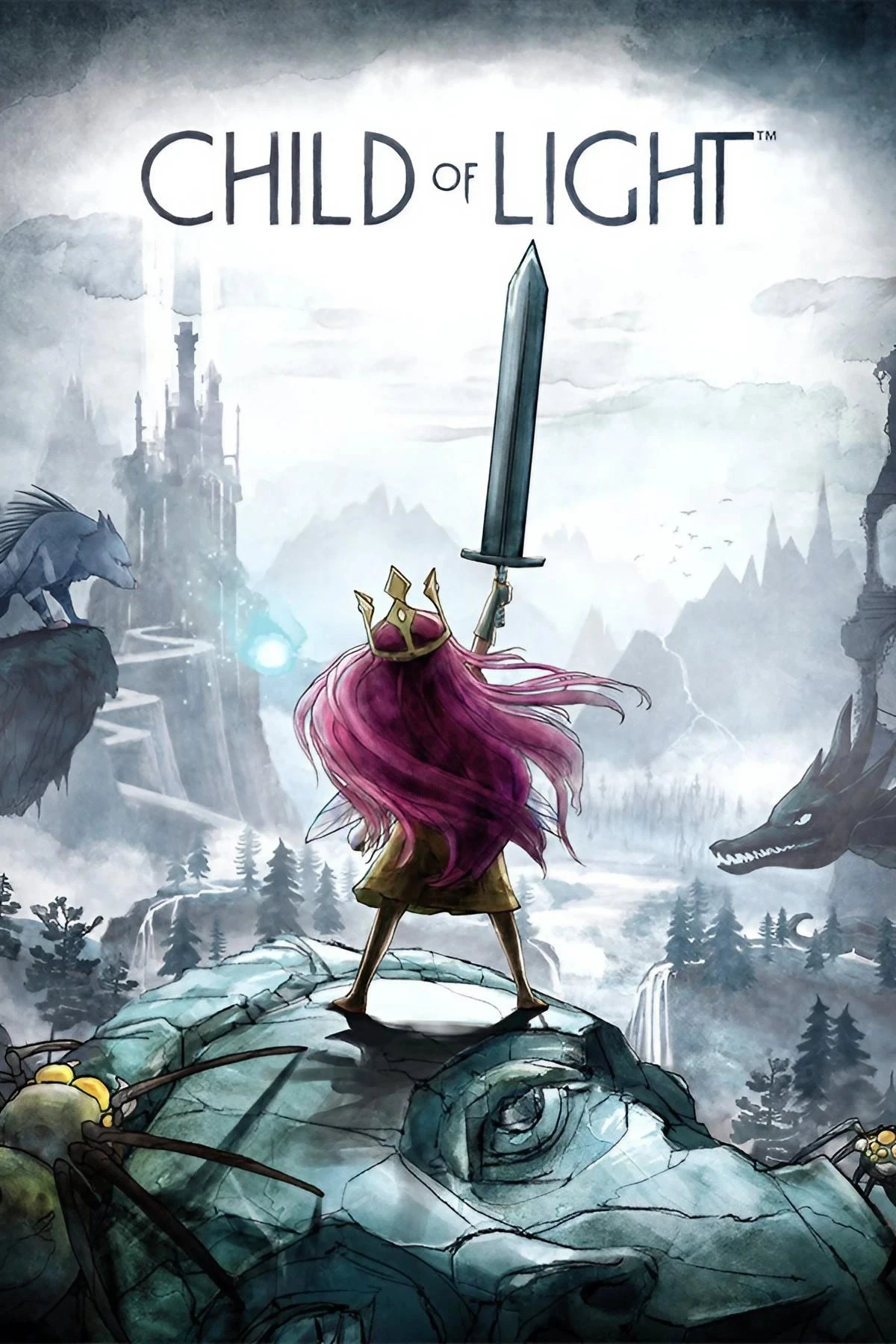 Official Child of Light cover with Aurora raising a sword over the painted world of Lemuria beneath the native title.