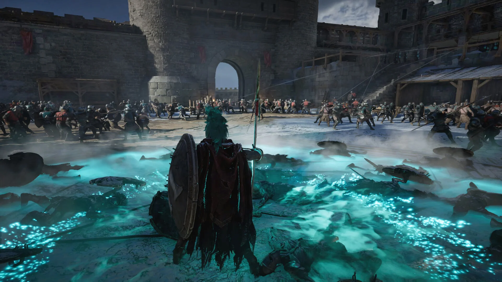 A warrior faces two massed armies inside a snowy fortress in CONQ: Crown of No Quarter.