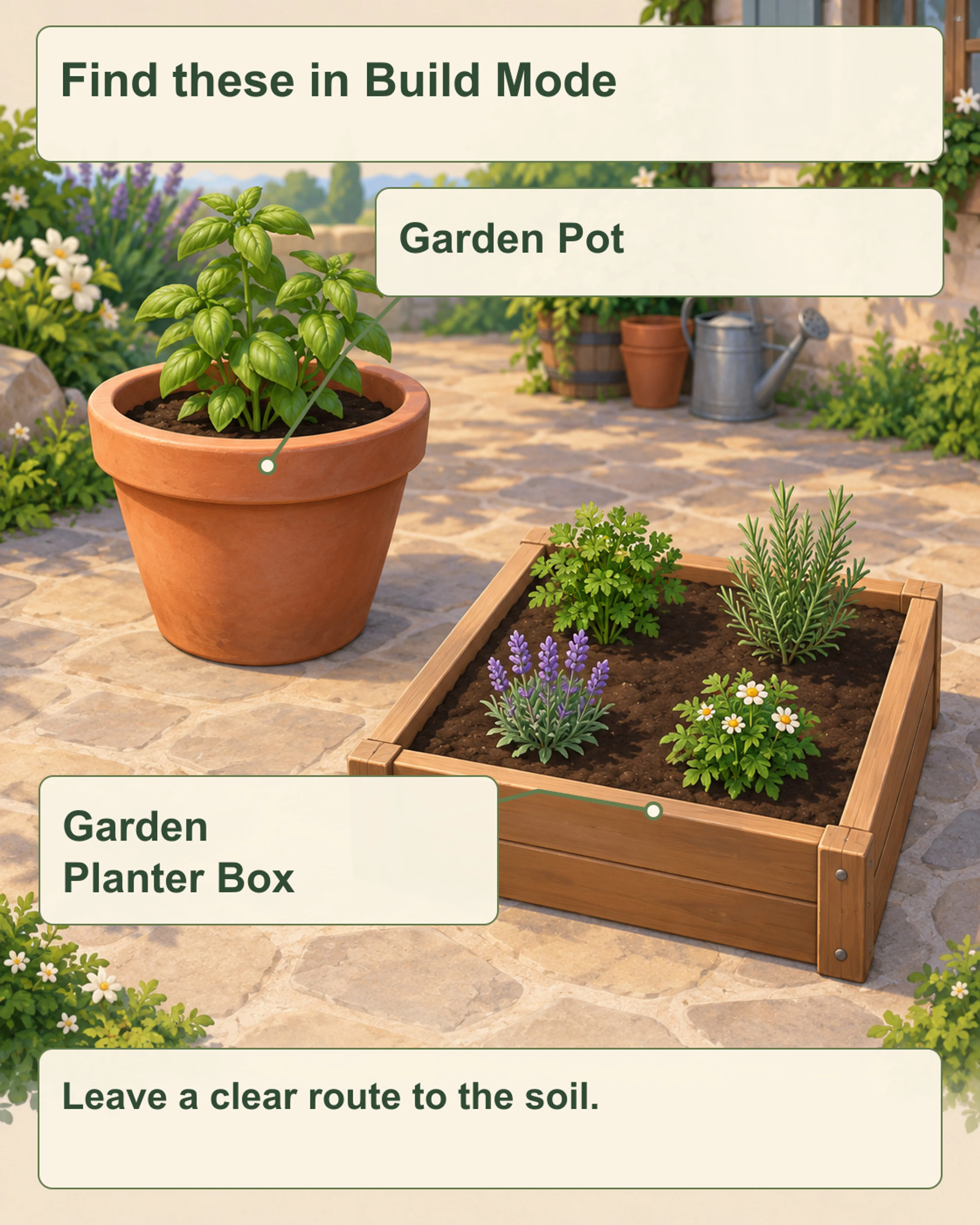 Original diagram identifying a round Garden Pot and a low square wooden Garden Planter Box, with soil visible in both.