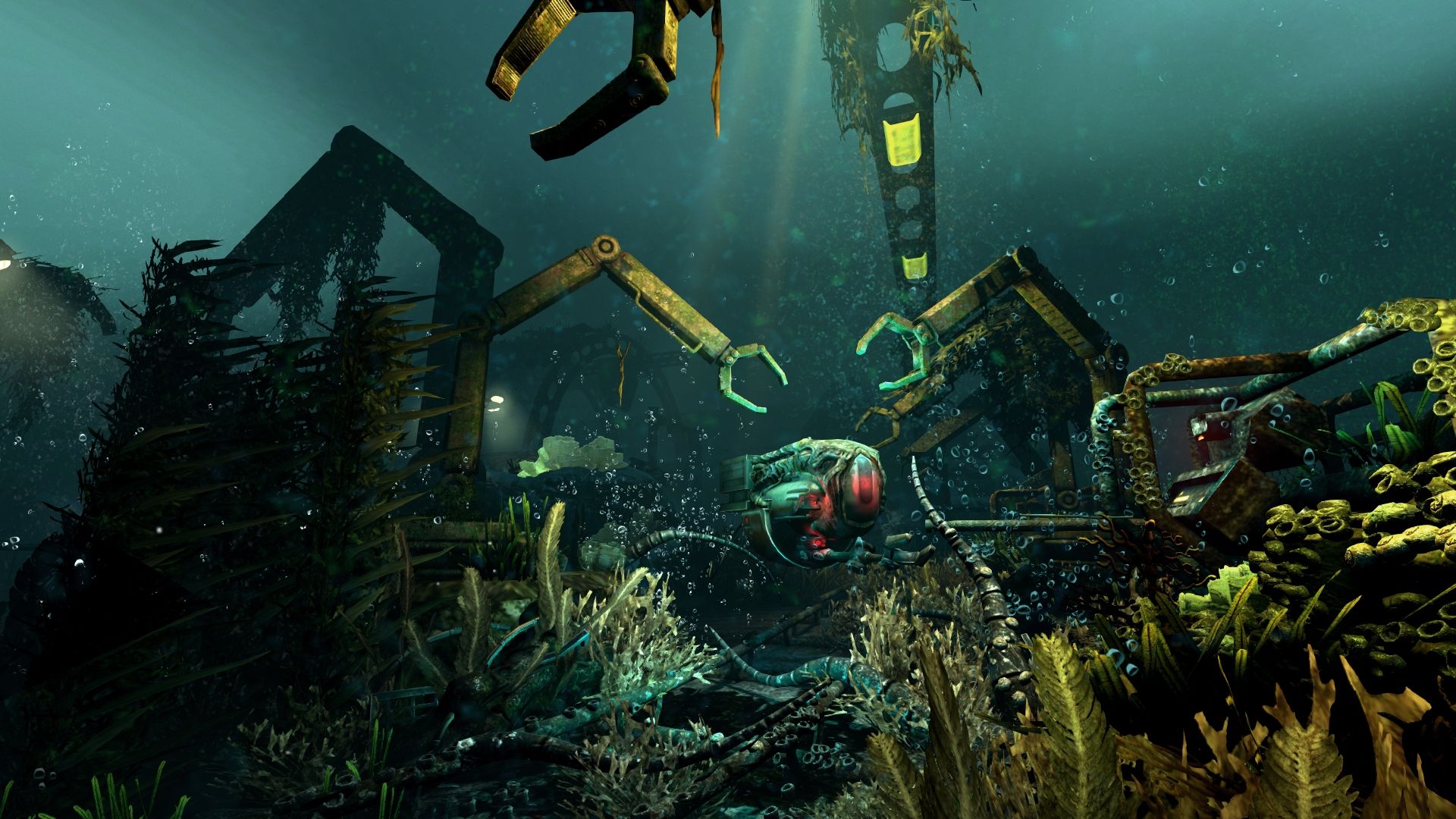 An underwater PATHOS-II exterior with cables, sea growth and industrial lights.