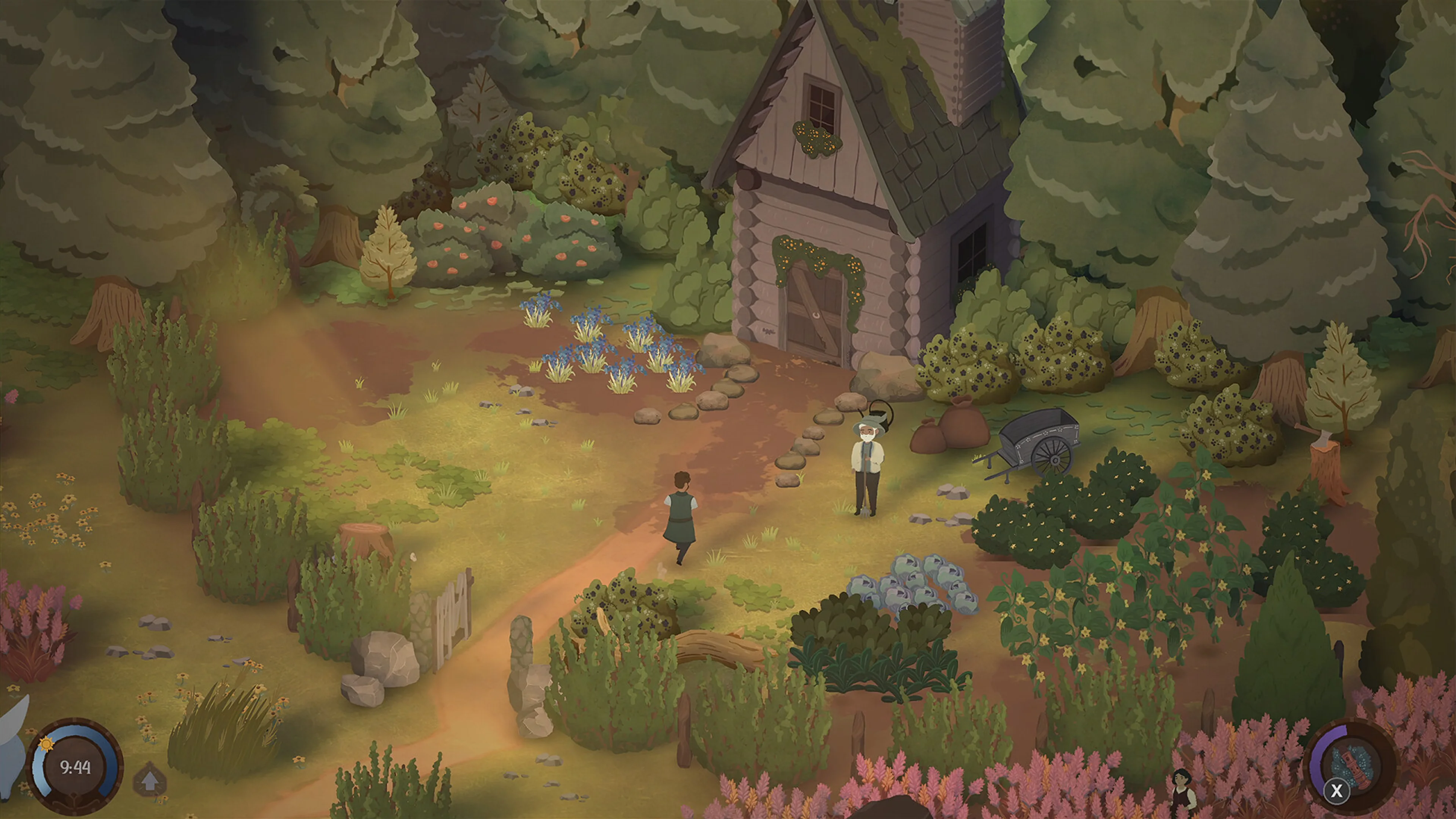 A witch stands in the university garden among planted beds and forest greenery.