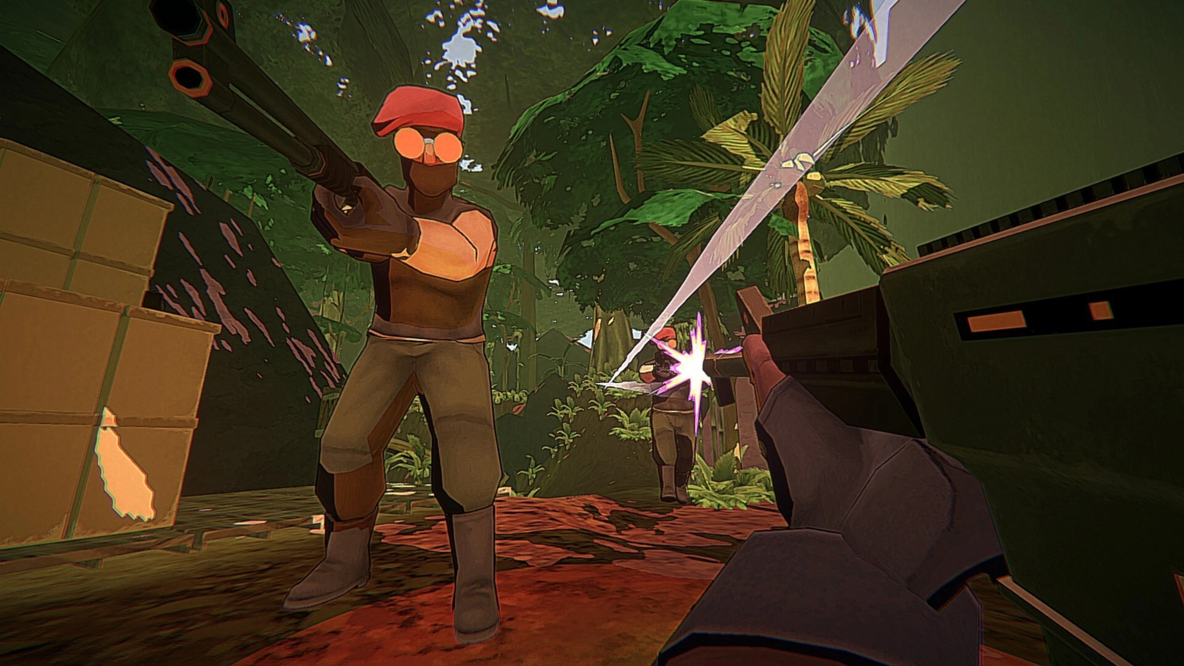 A black riot shield fills the foreground as an armed PDL soldier advances through a tropical forest.