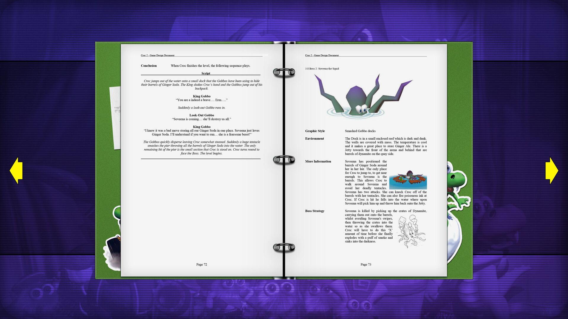 The Croc2pedia museum displays an open design binder beside an unused creature model.