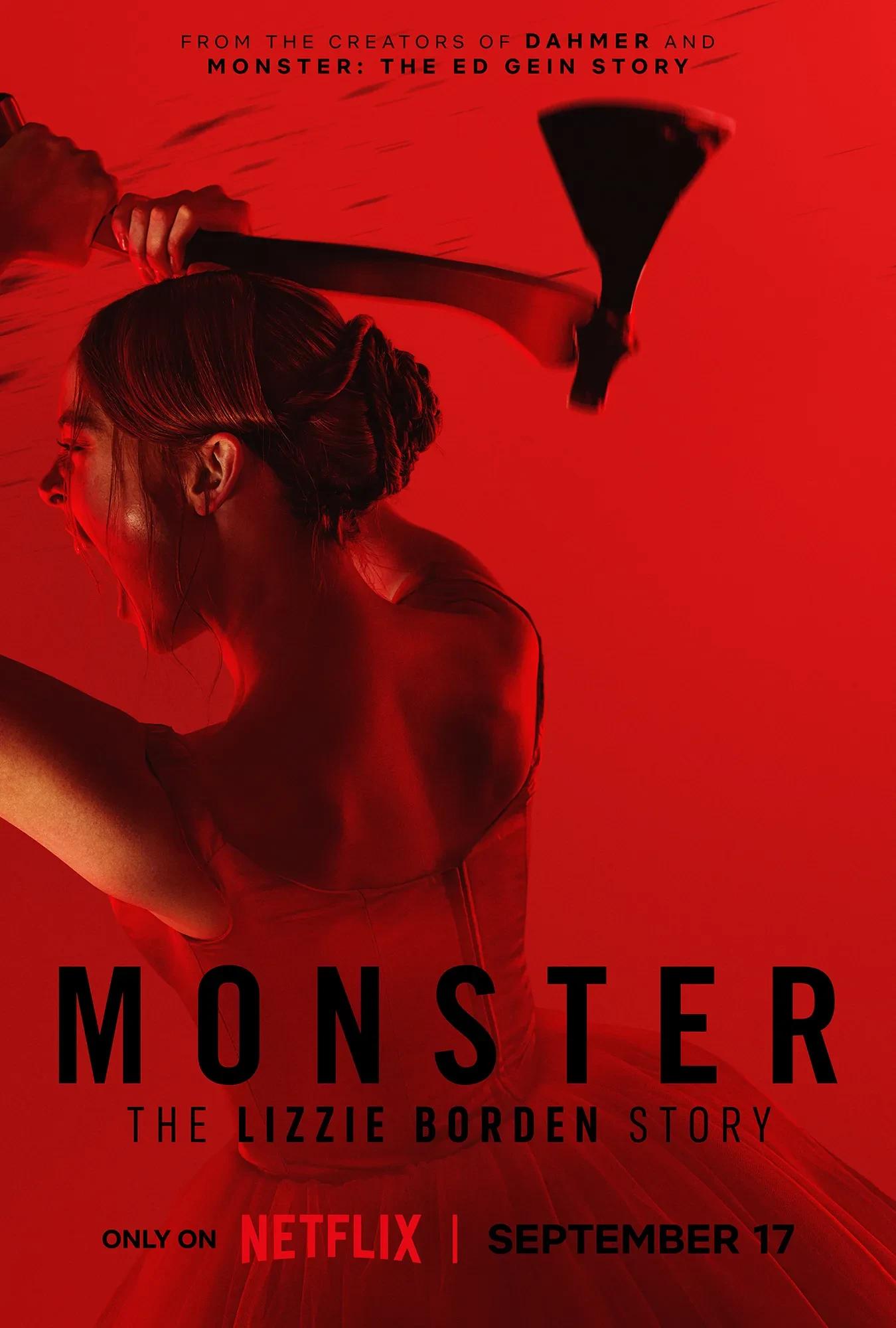 Official red Monster: The Lizzie Borden Story poster shows Ella Beatty with a raised axe.