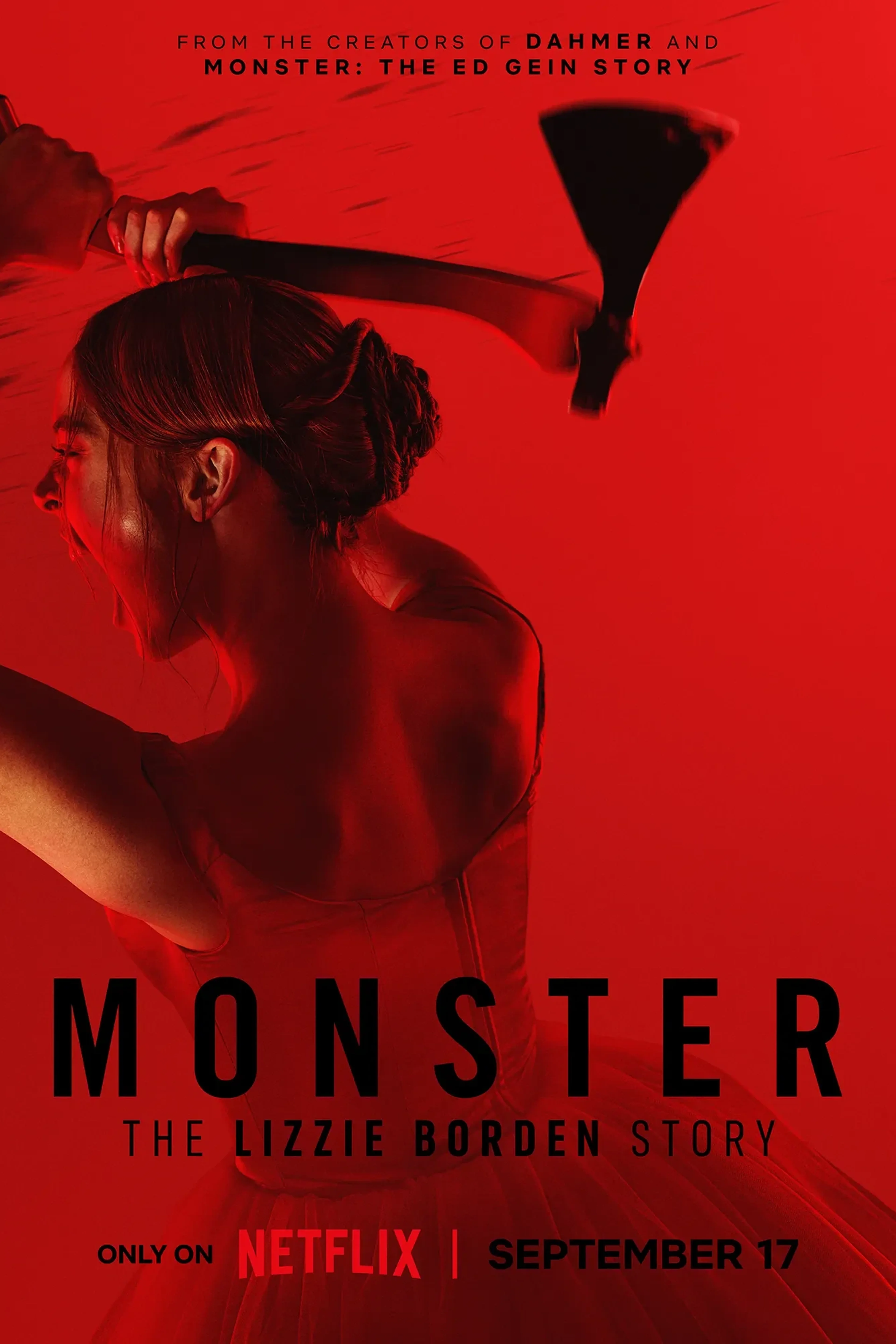 Official red Monster: The Lizzie Borden Story poster shows Ella Beatty with a raised axe.