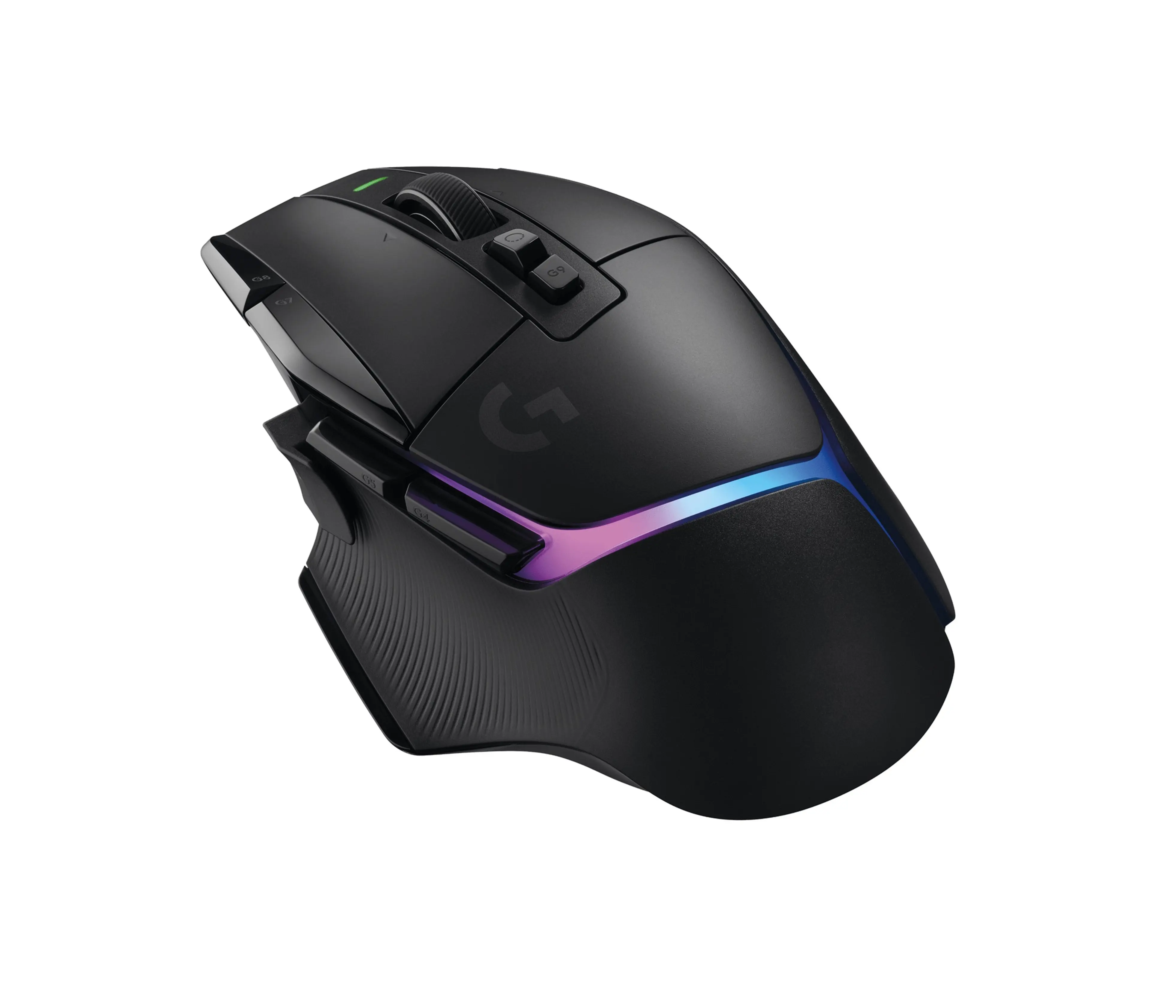 Angled rear view of the black G502 X Plus showing its palm support and lighting strip