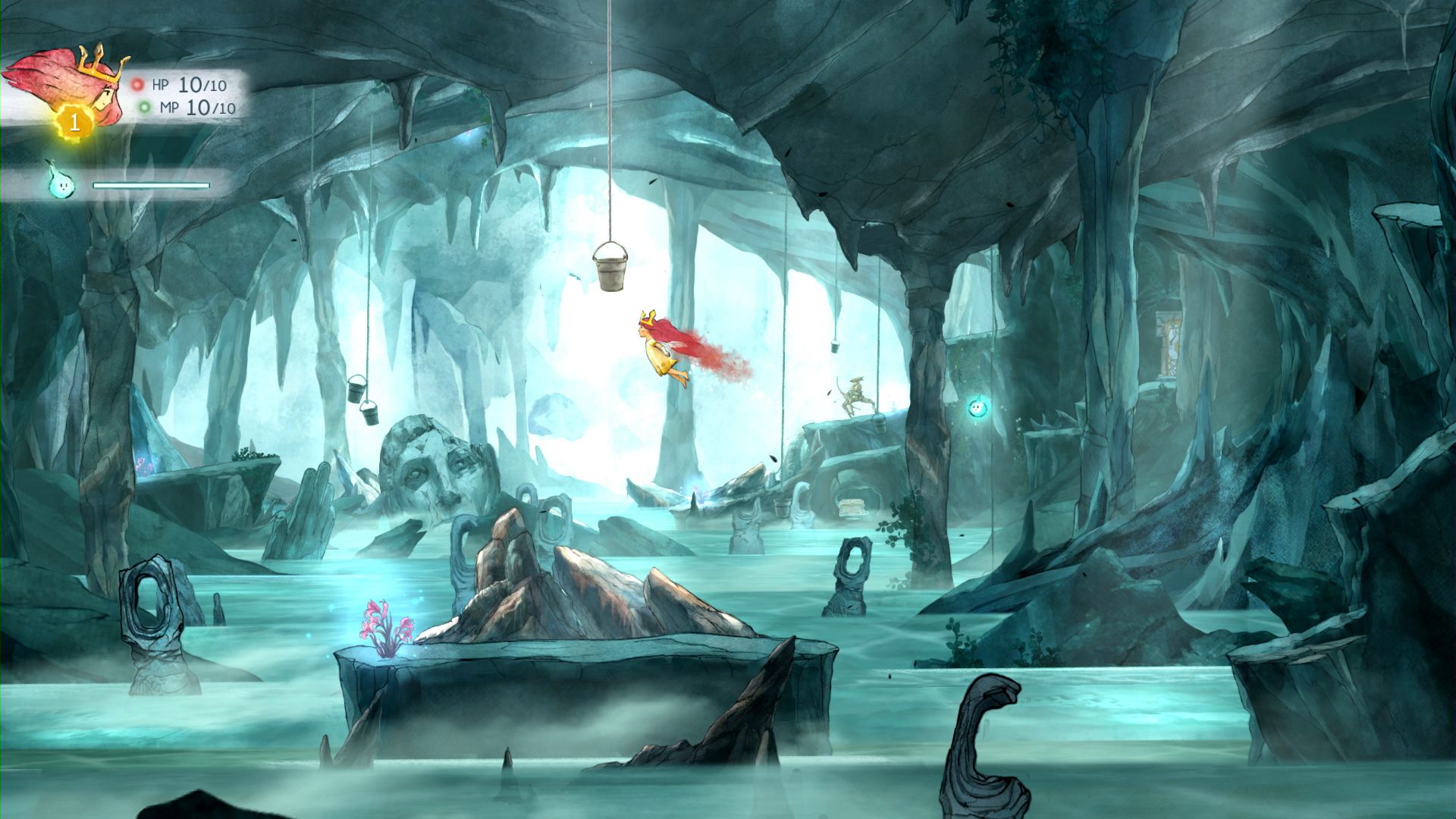 Aurora travels through a watercolor landscape with a waterfall.