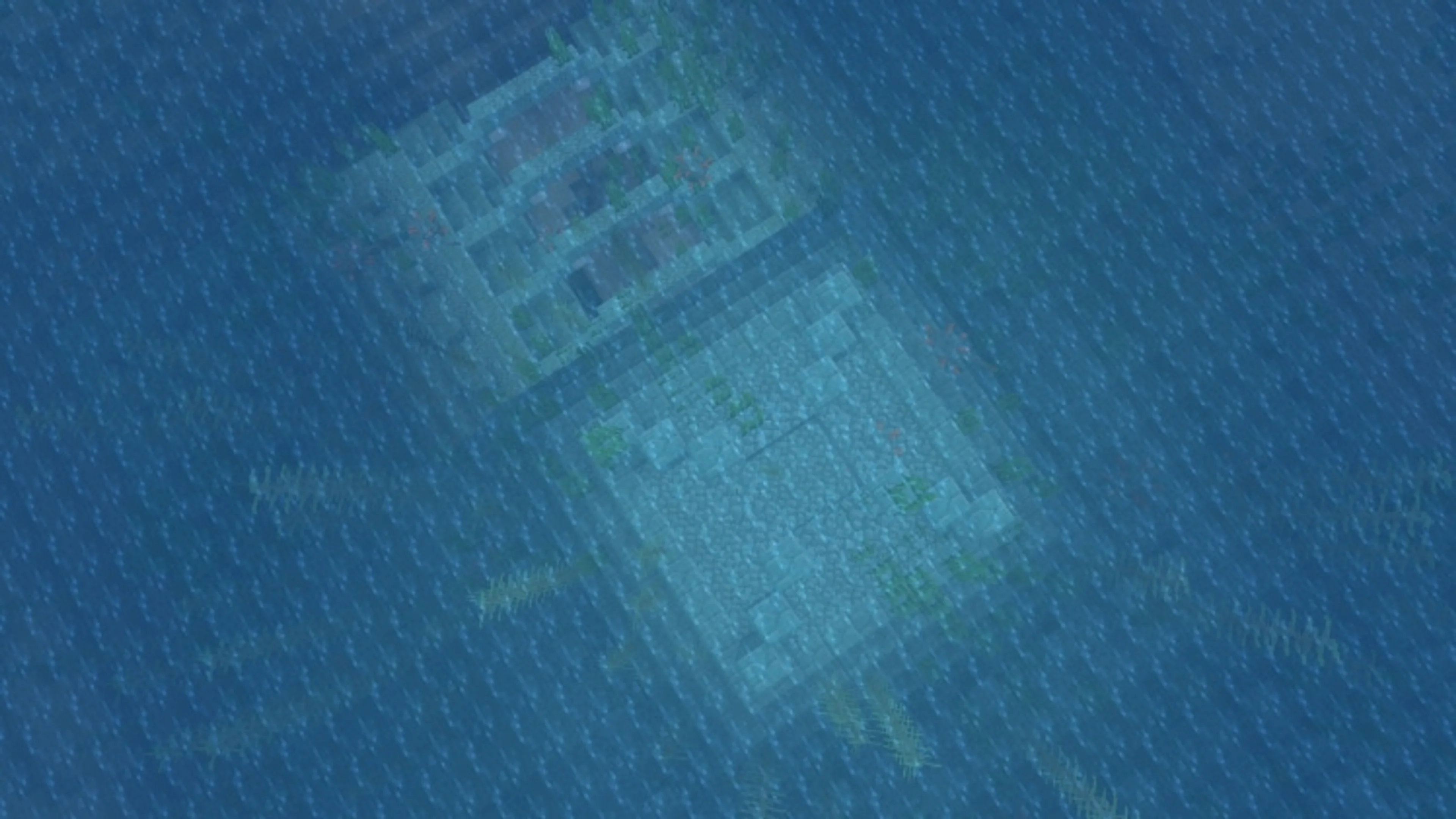 An Ocean Monument visible below the surface during heavy rain in Minecraft.