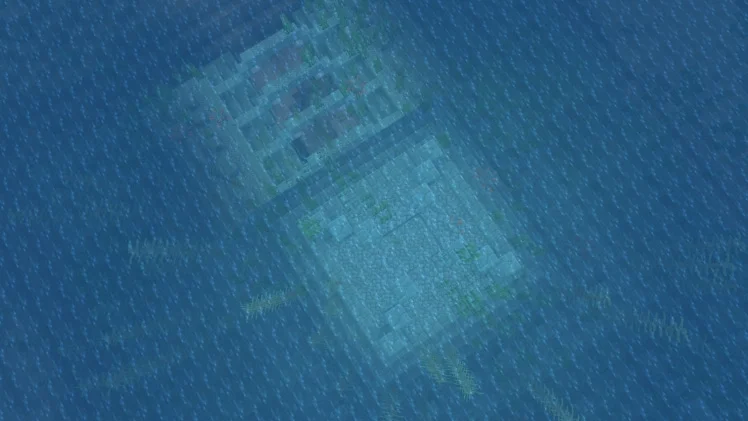 An Ocean Monument visible below the surface during heavy rain in Minecraft.