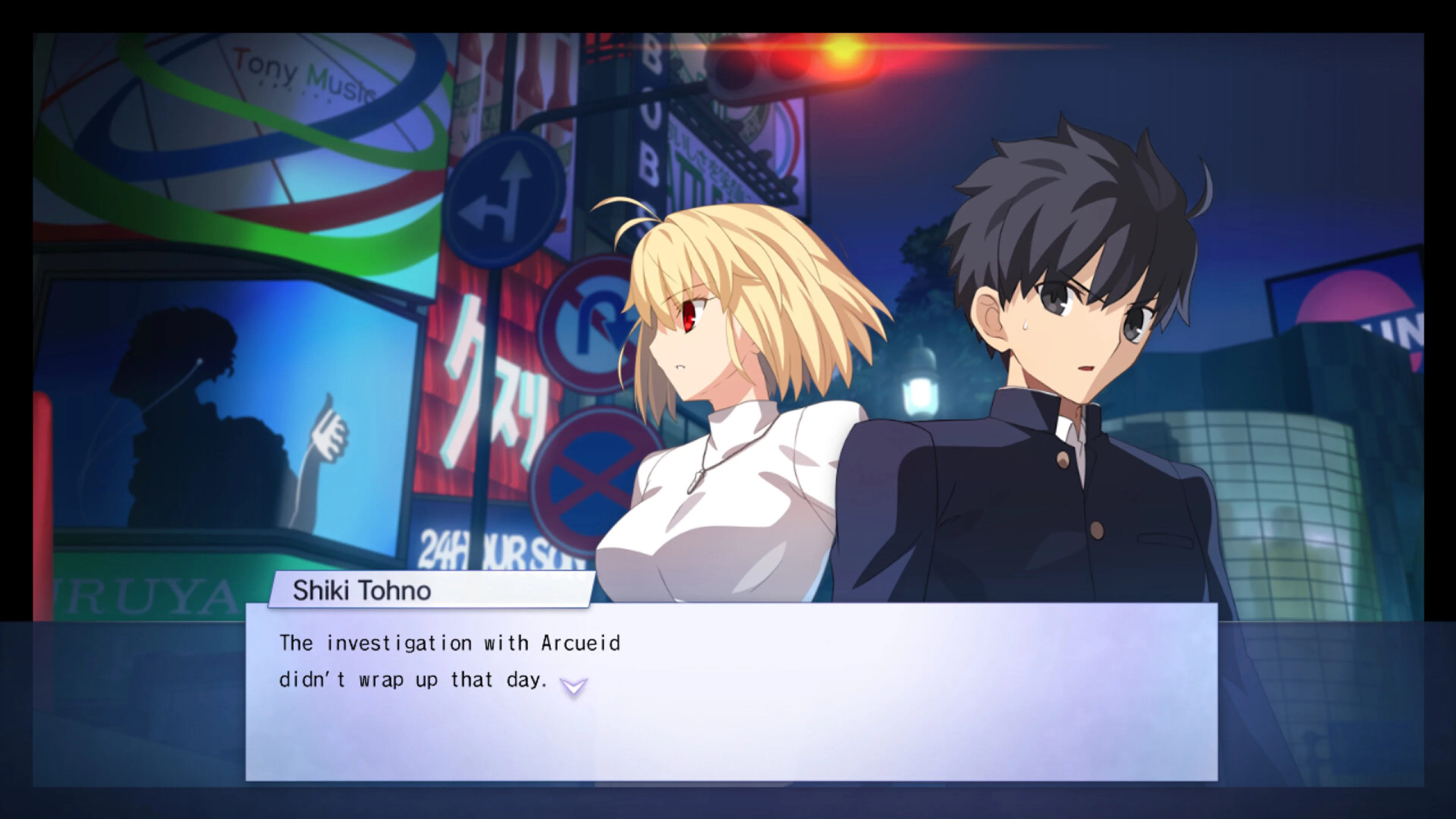 Arcueid Brunestud and Shiki Tohno stand together on a Souya City street at night.