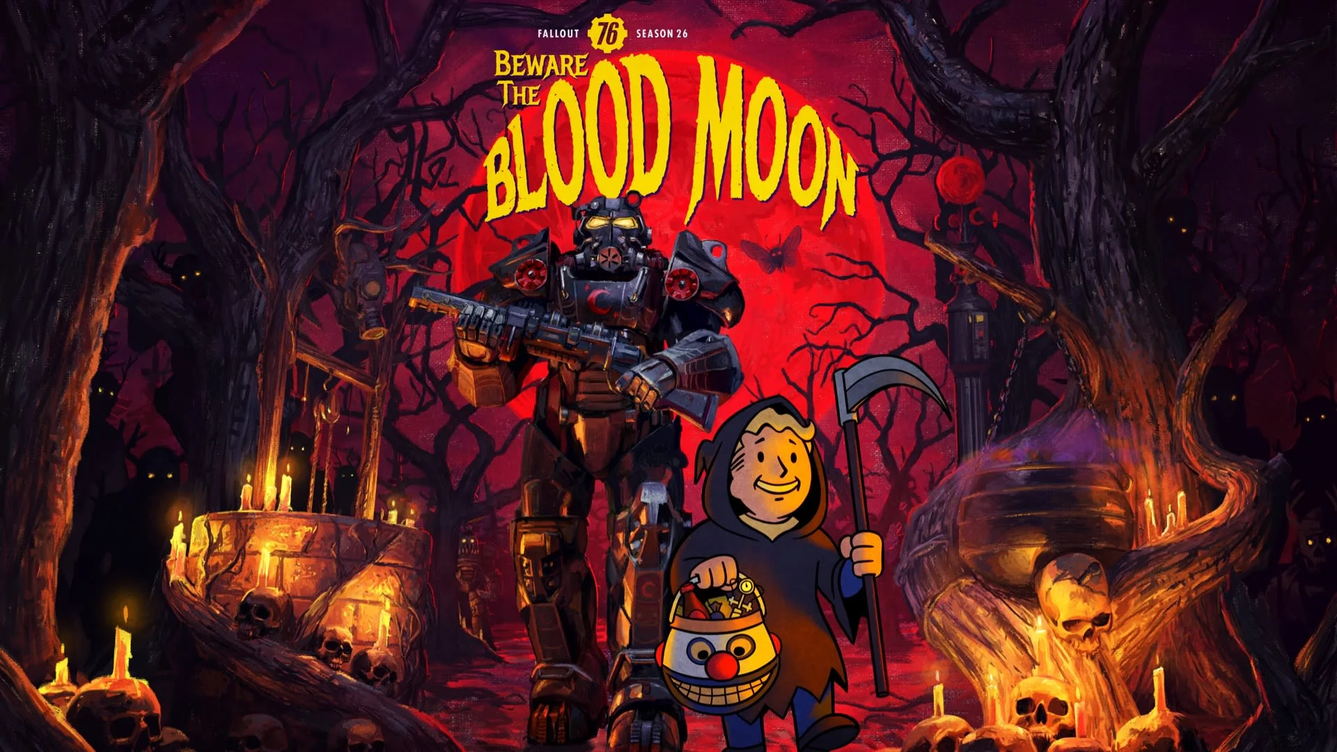 Fallout 76 Season 26 artwork shows Vault Boy and a power-armored figure beneath a blood moon.