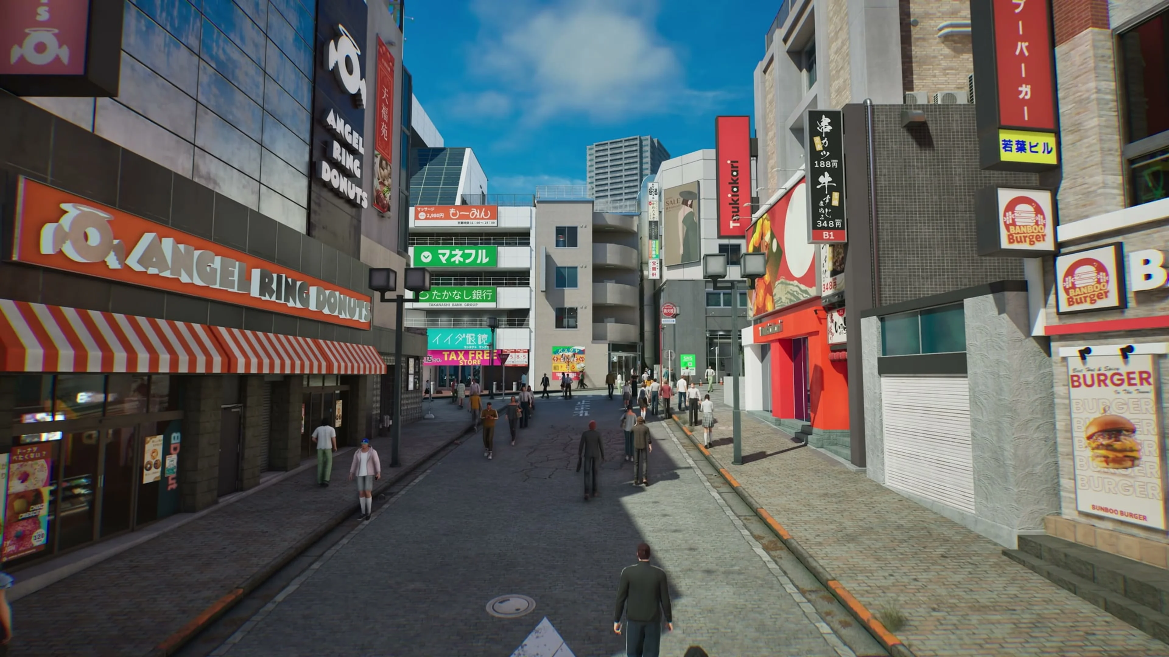A taxi crosses a sunlit Japanese neighborhood in Crazy Taxi: World Tour.