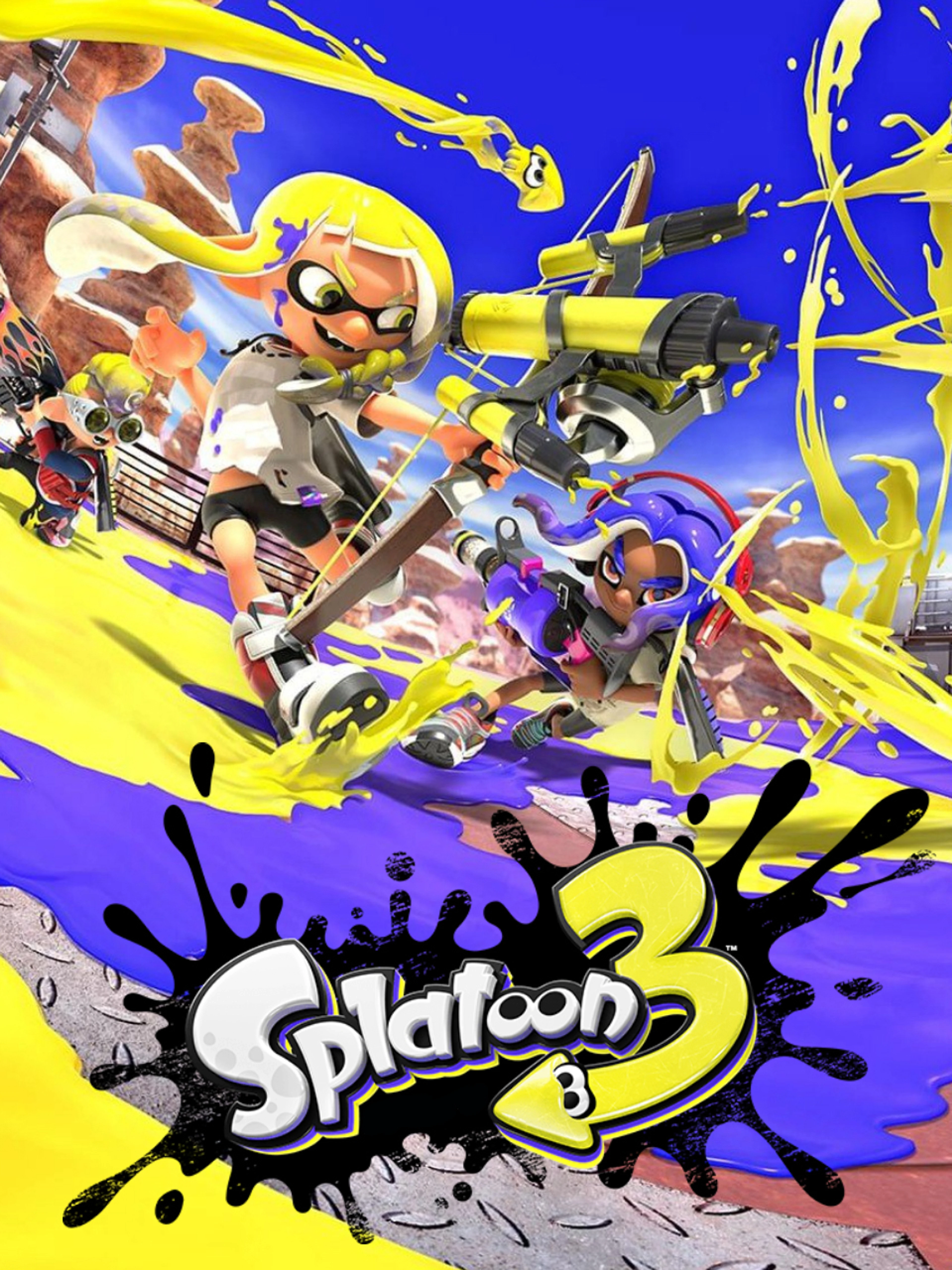 Official Splatoon 3 cover with colorful Inklings, ink weapons, and the title logo.
