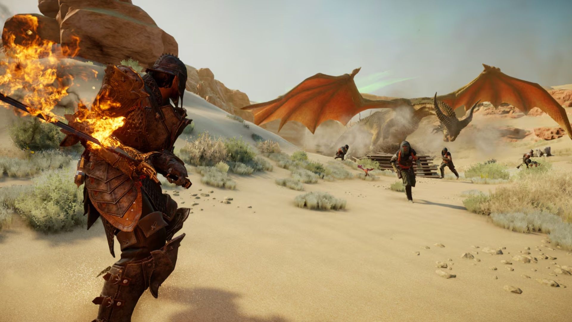 An armored fighter with a flaming weapon faces dragons over a dry landscape.