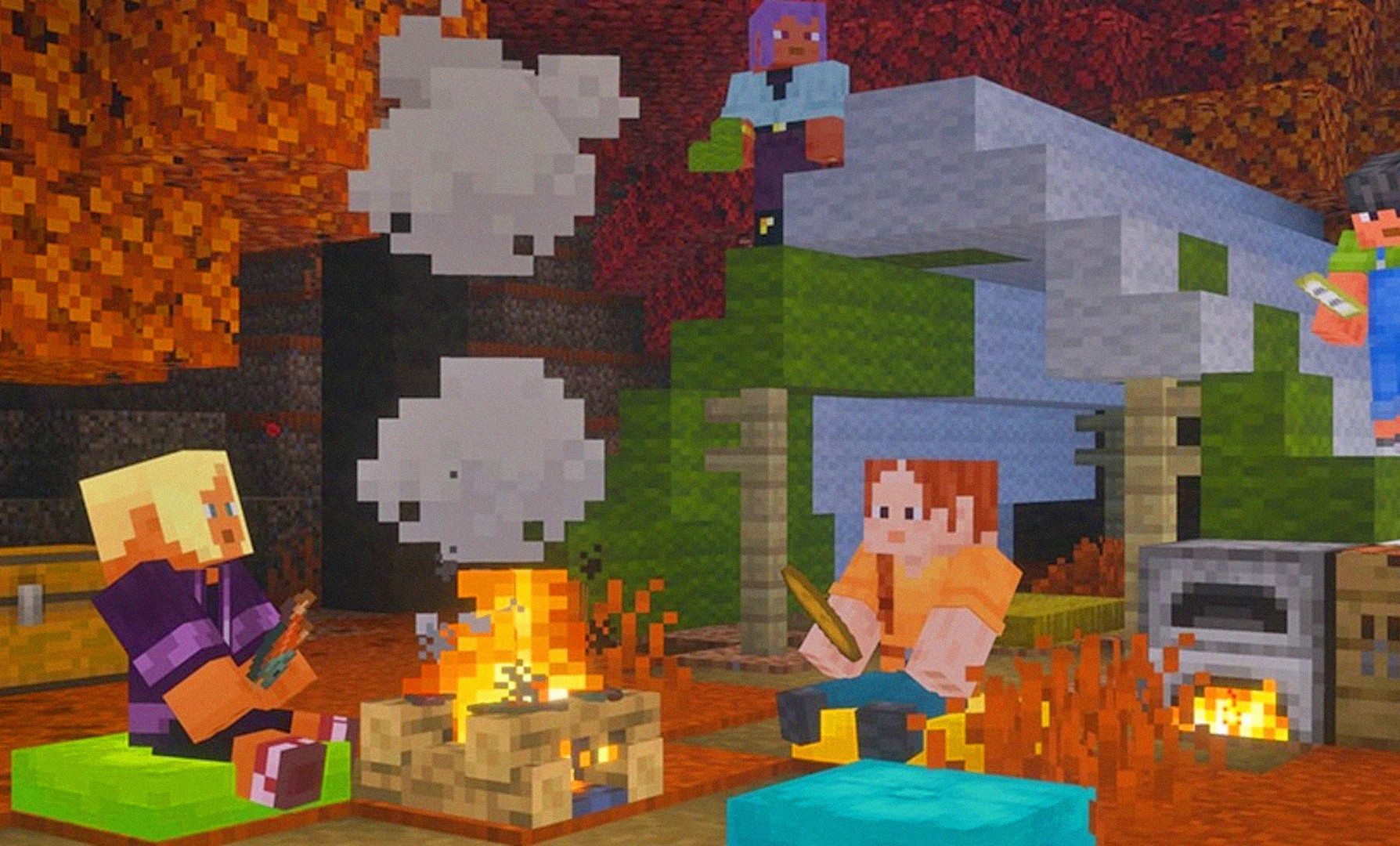 Minecraft players sit around a campfire near cushions and a straw bed.