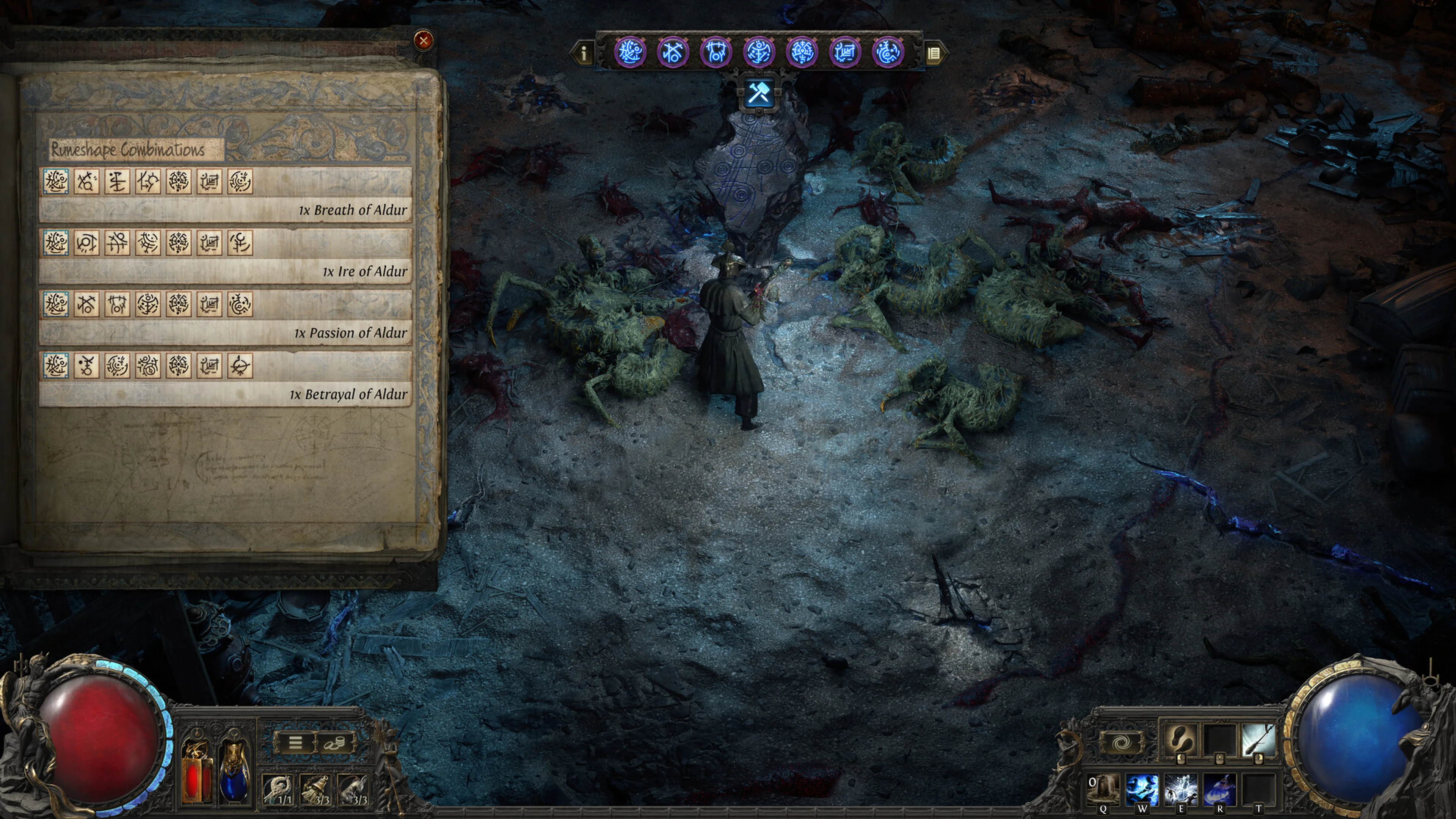 A character combines runes and equipment in Path of Exile 2’s upgrade interface.