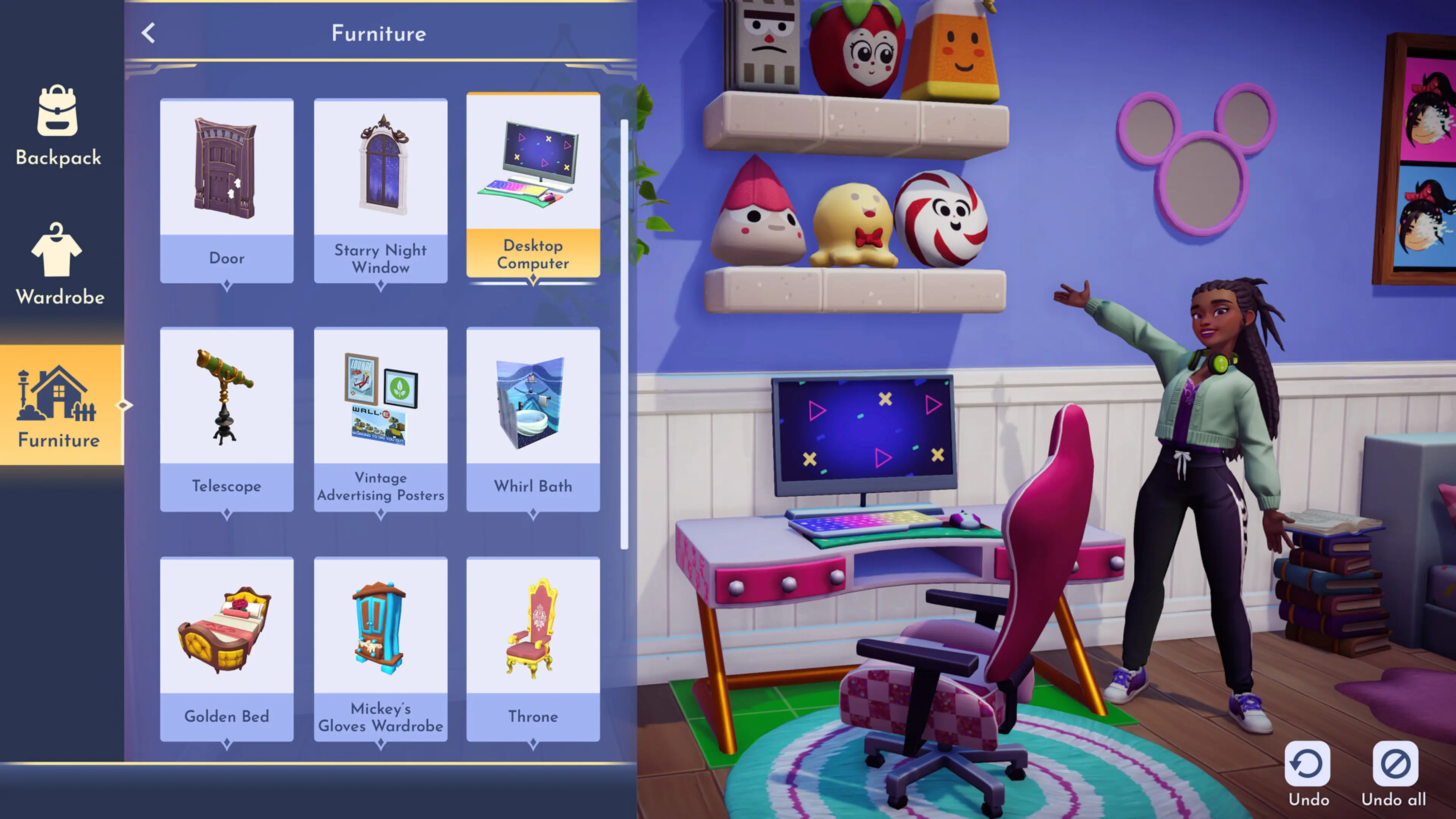 The furniture menu used to decorate a room in Disney Dreamlight Valley.