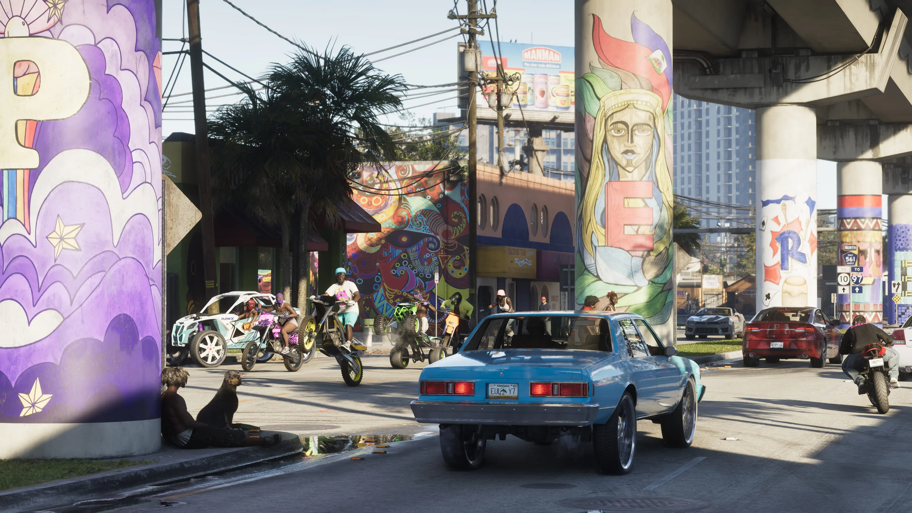 Pedestrians, bikes, cars, and colorful murals fill a sunny Vice City street in Grand Theft Auto VI.