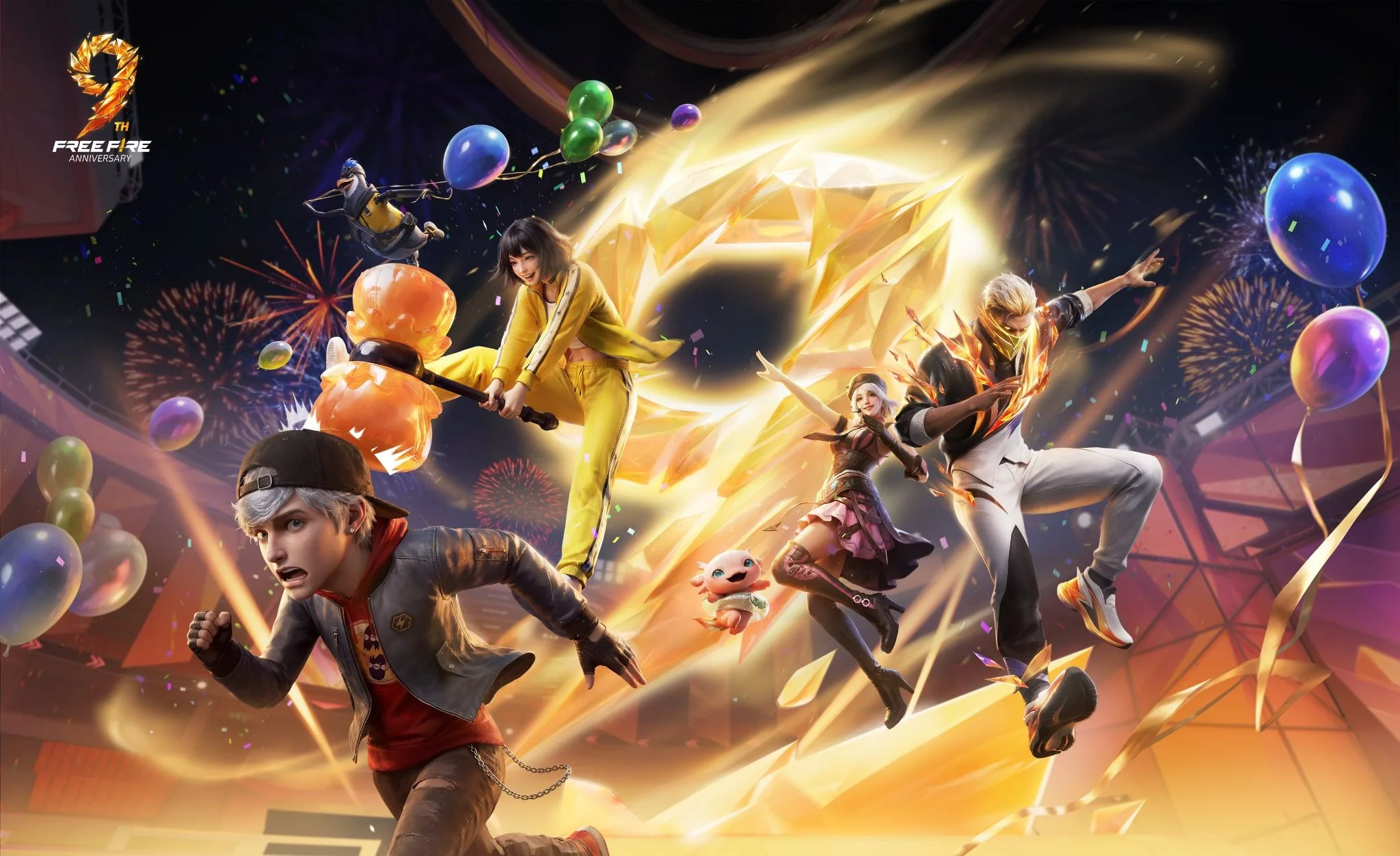 A Free Fire MAX squad moves through an active fight together.