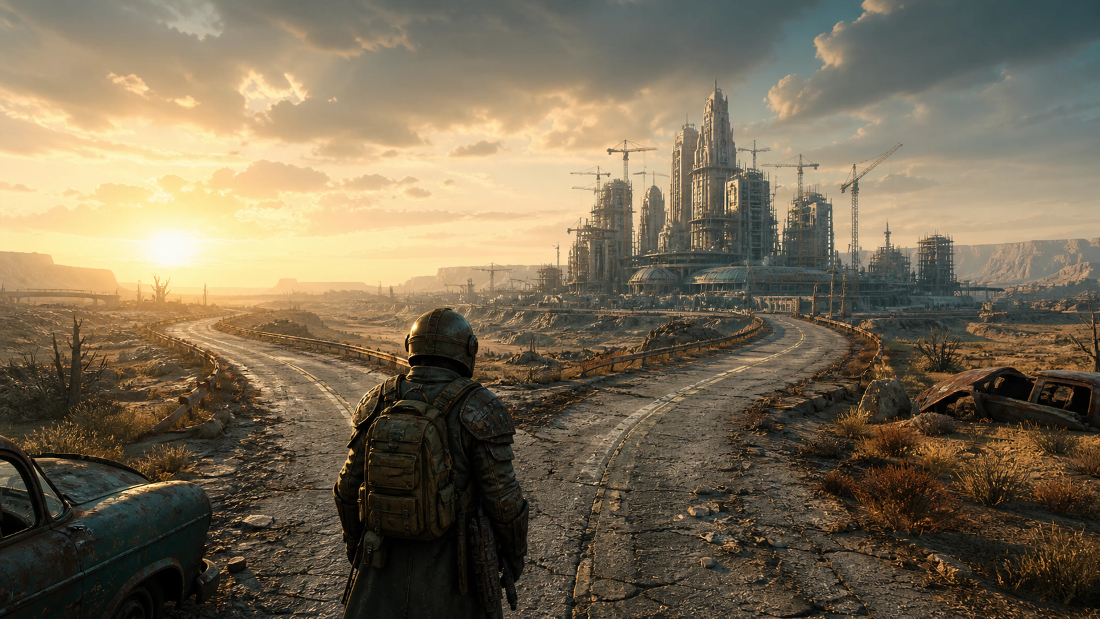 Original illustration of a wasteland traveler facing a forked road toward a distant retro-futurist city still under construction.