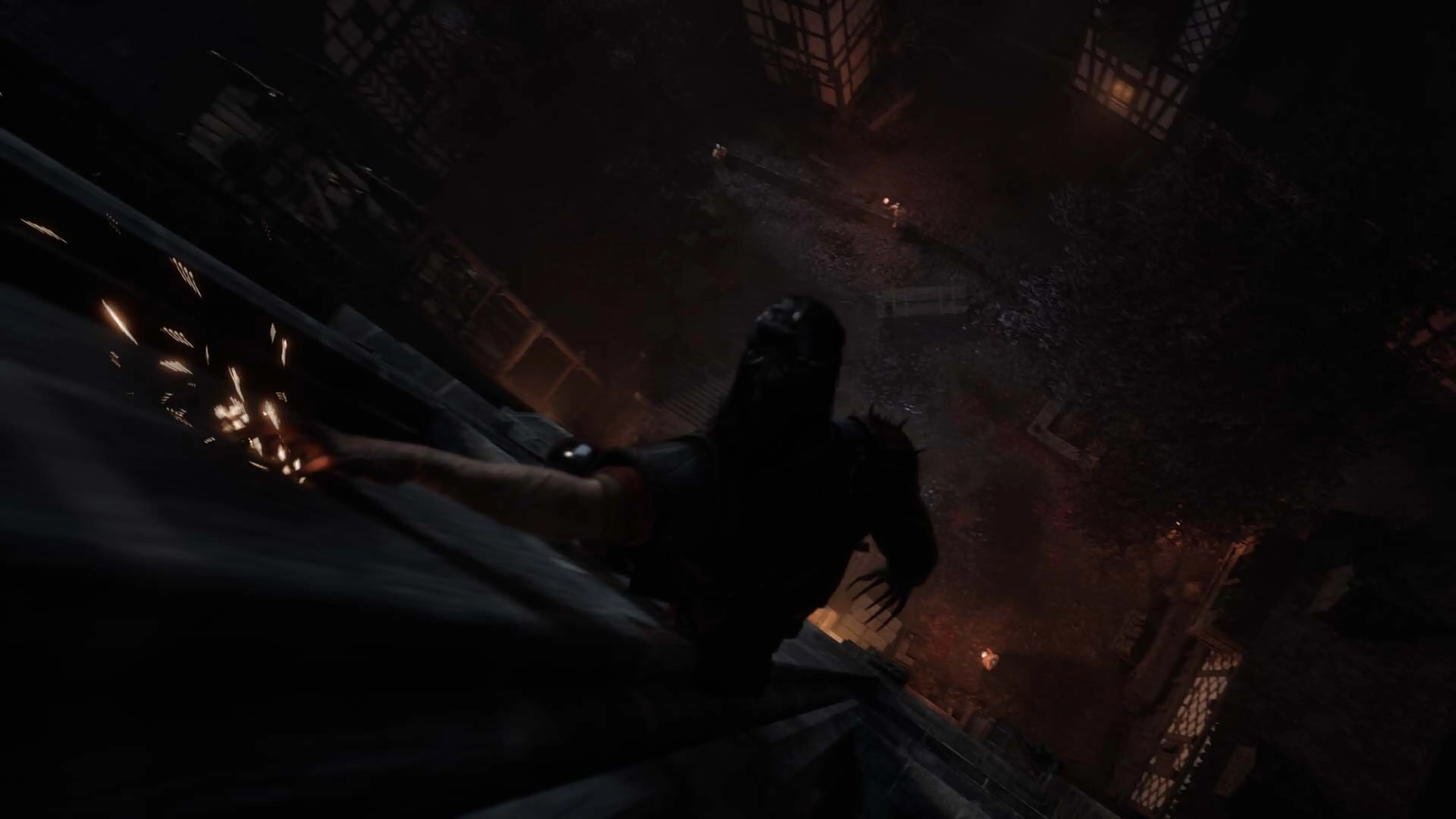 Vampire Coen climbs above a dark street in The Blood of Dawnwalker.
