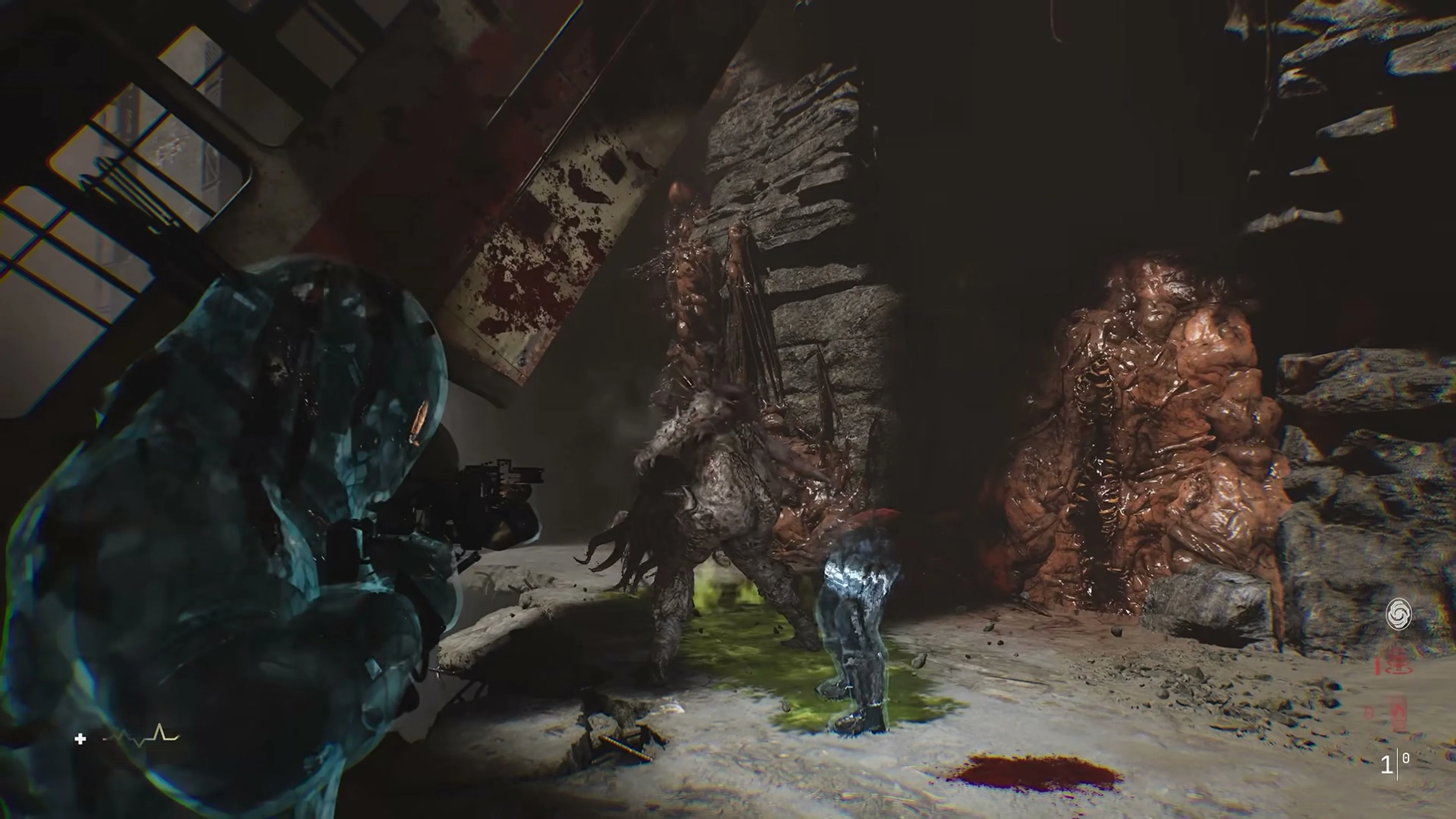 A large armored creature advances through the darkness in Cronos: Lazarus.