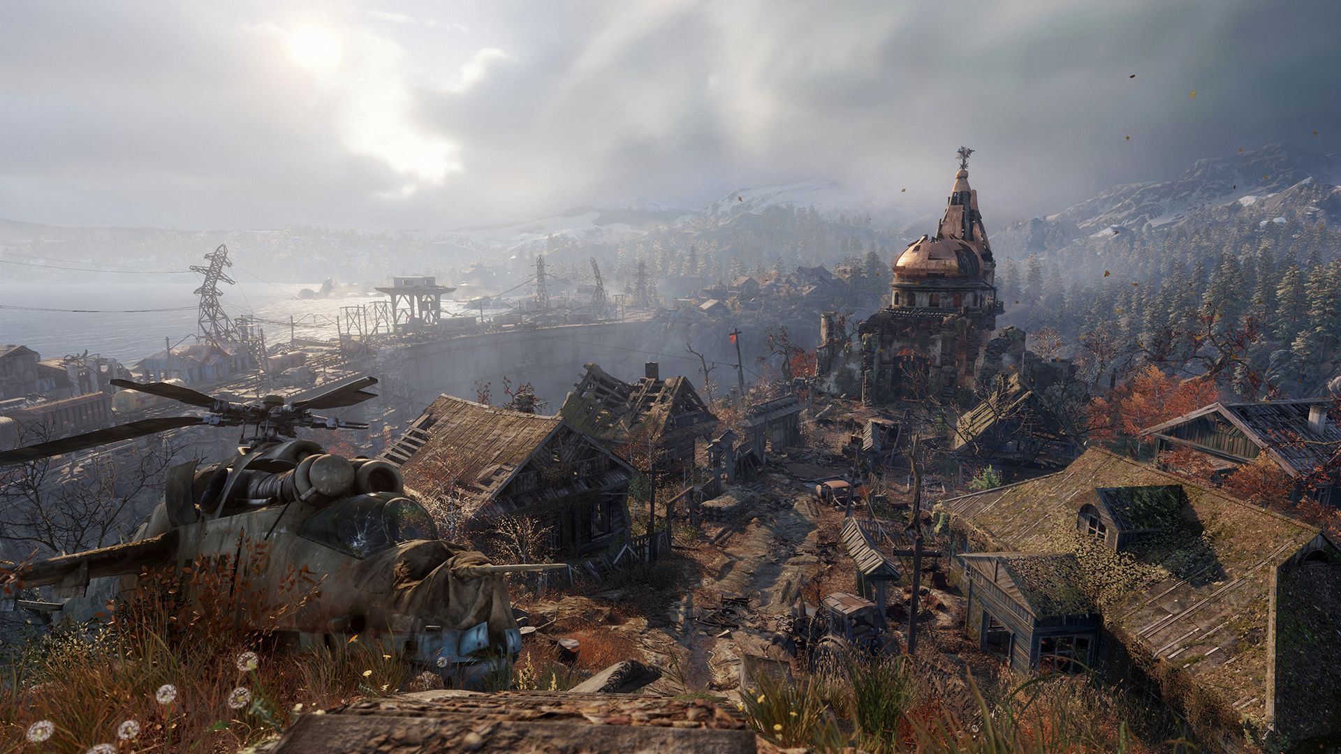 A distant church, a wrecked helicopter and an autumn forest show a different landscape from the snowy city.