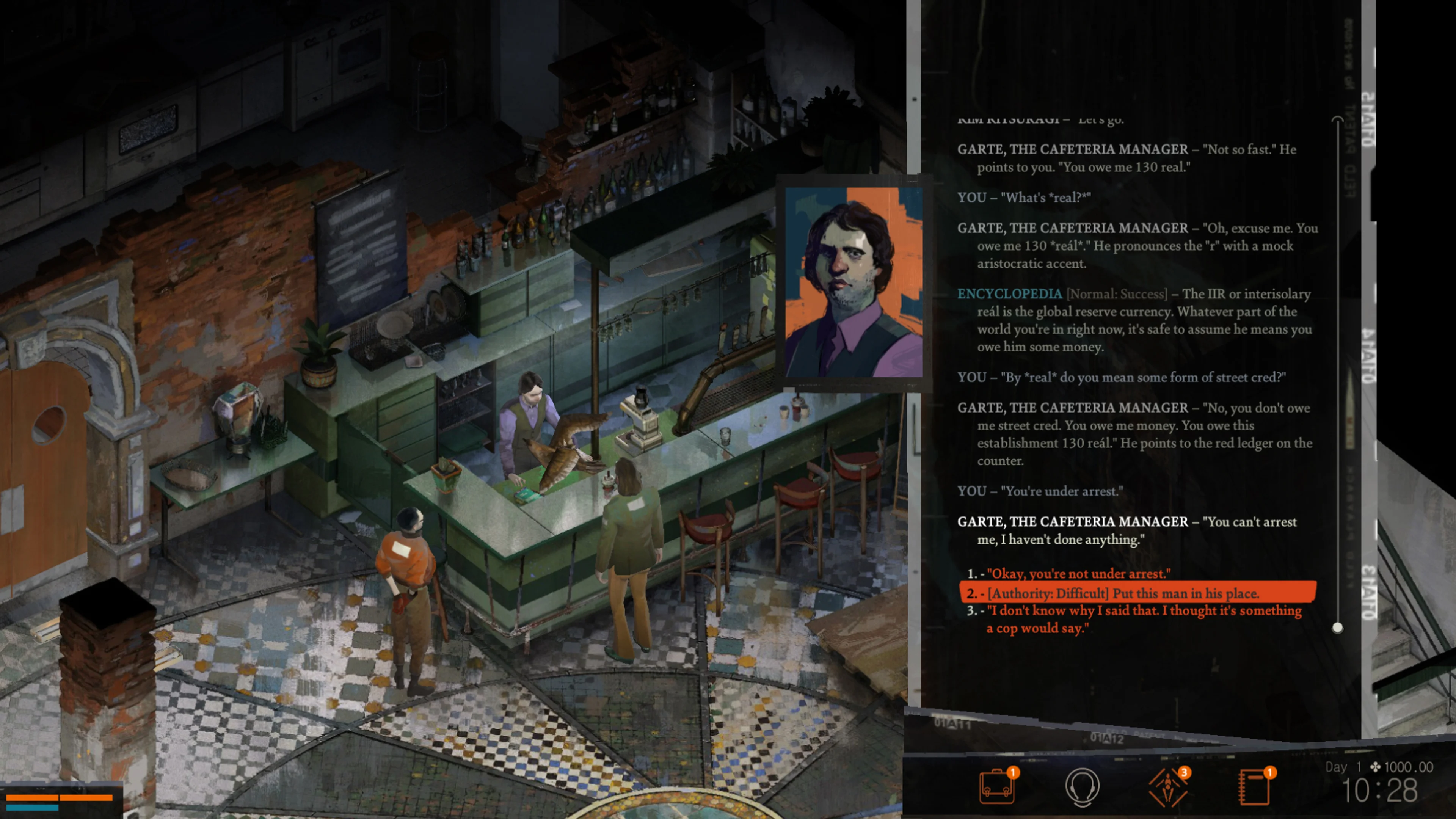 Dialogue with Garte: an orange highlighted option at the bottom right reads Authority: Difficult, while the dialogue above shows an Encyclopedia observation.