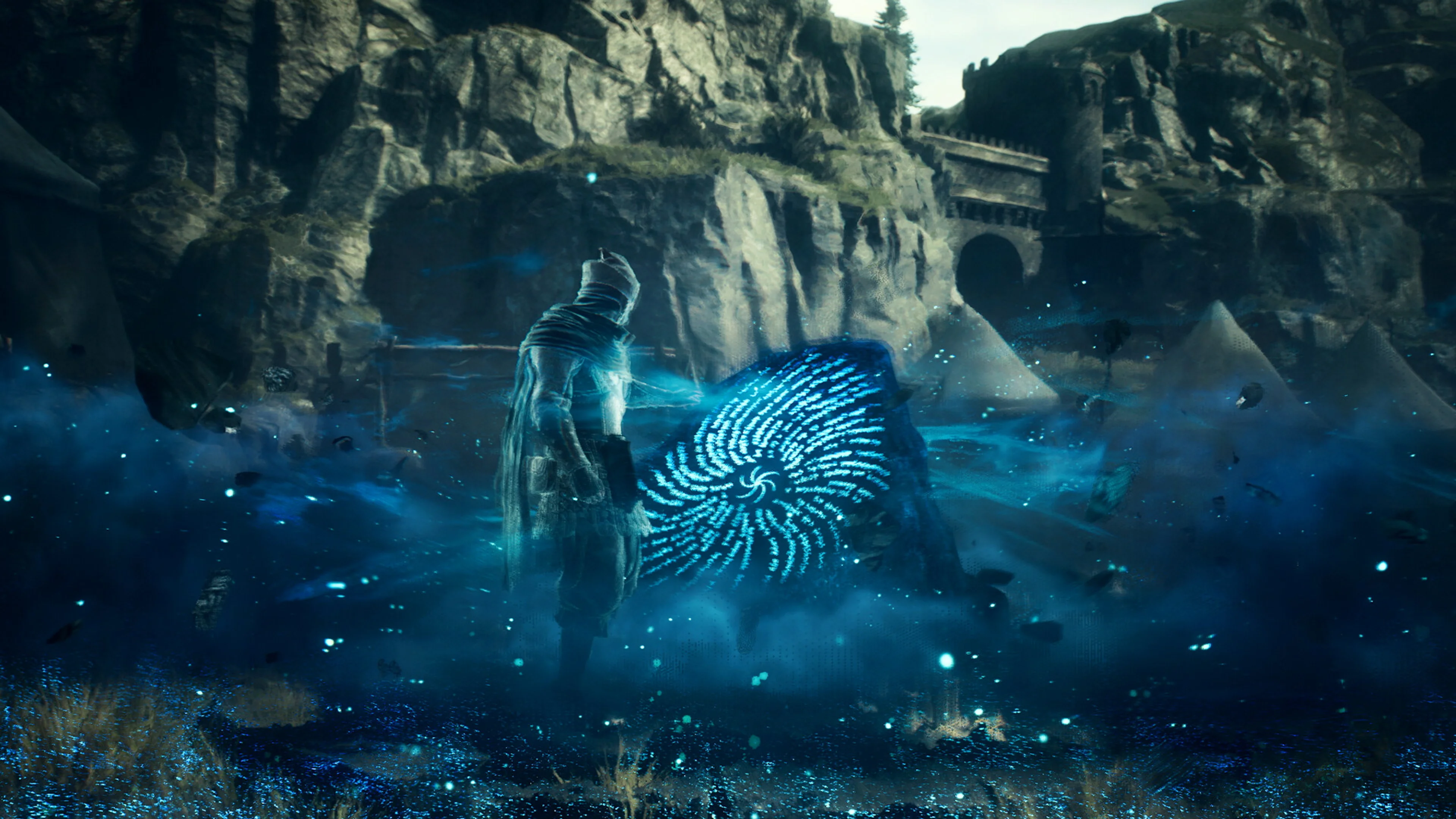 Blue magick surrounds a character beside a Riftstone in Dragon's Dogma 2.