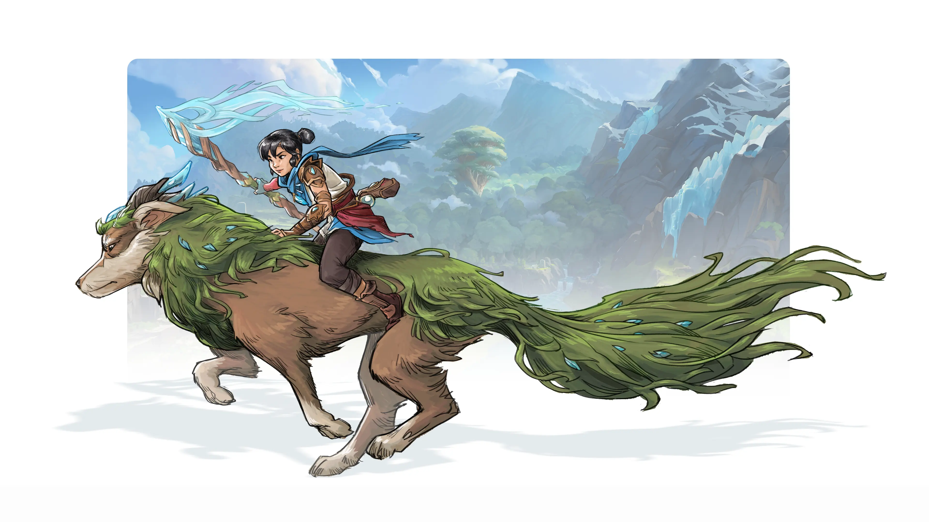 Kena riding her canine spirit companion in Ember Lab’s Kosmora concept art.