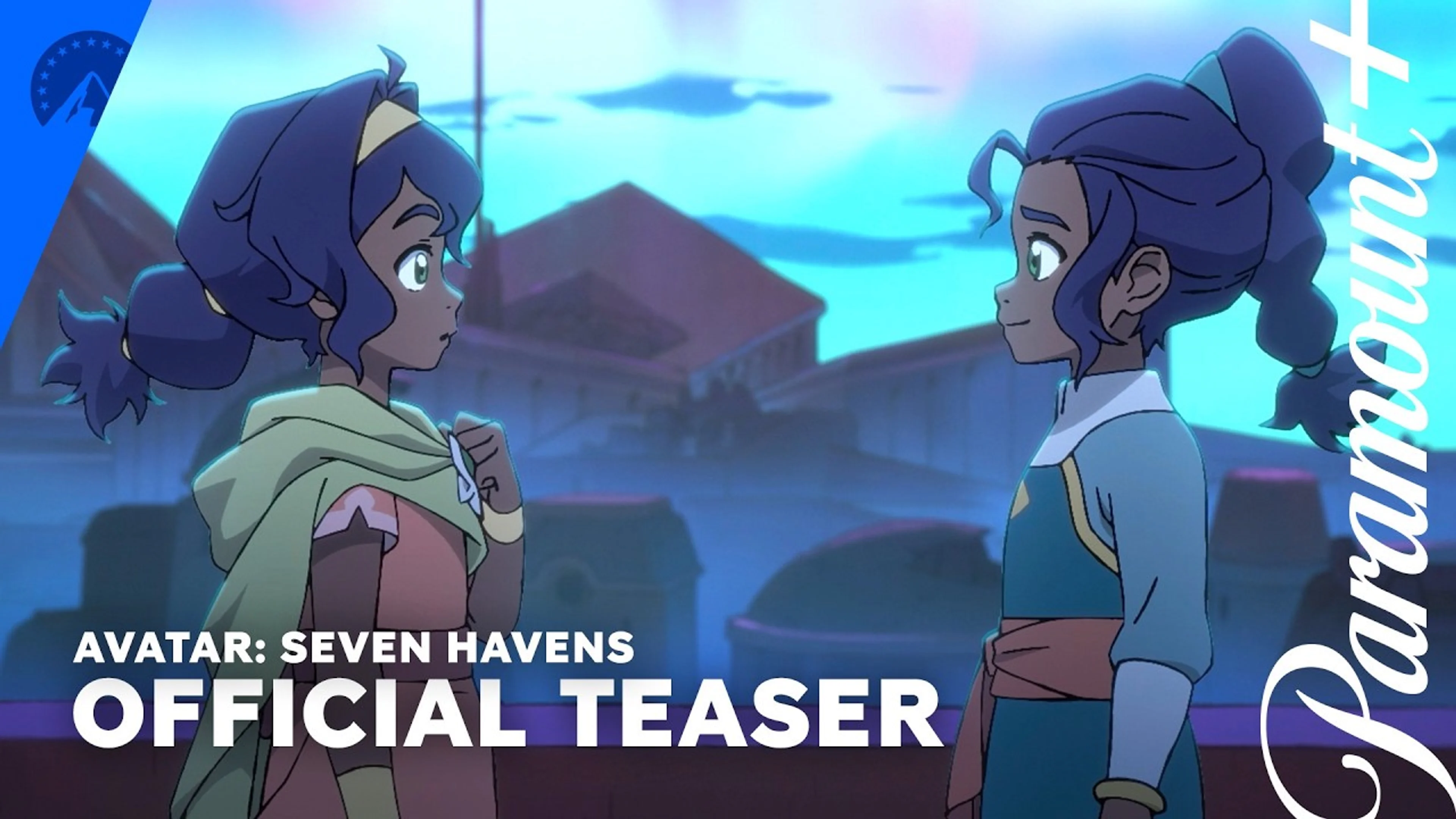 Two young characters facing each other in the official Avatar: Seven Havens teaser.