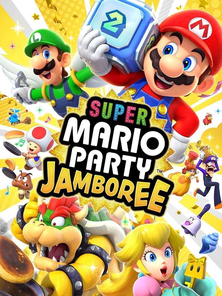 Official Super Mario Party Jamboree cover with Mario, Luigi, Peach, Bowser, and the game logo.