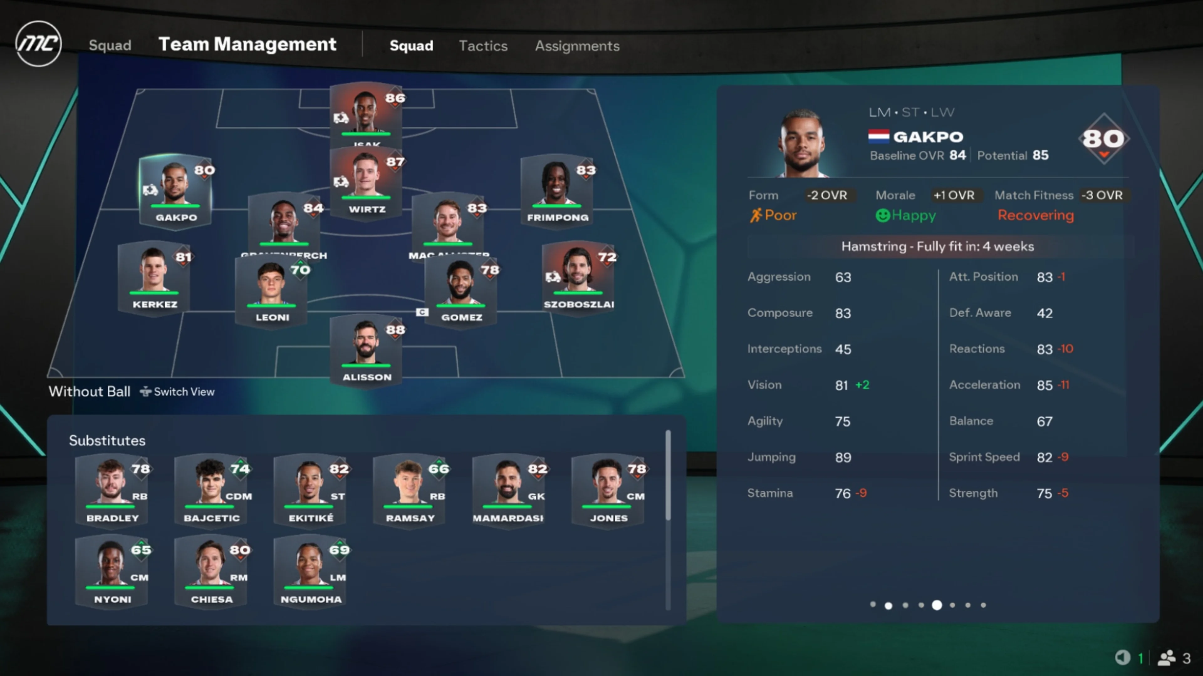FC 27 Team Management screen showing Gakpo’s injury recovery, fitness and rating beside the squad lineup.