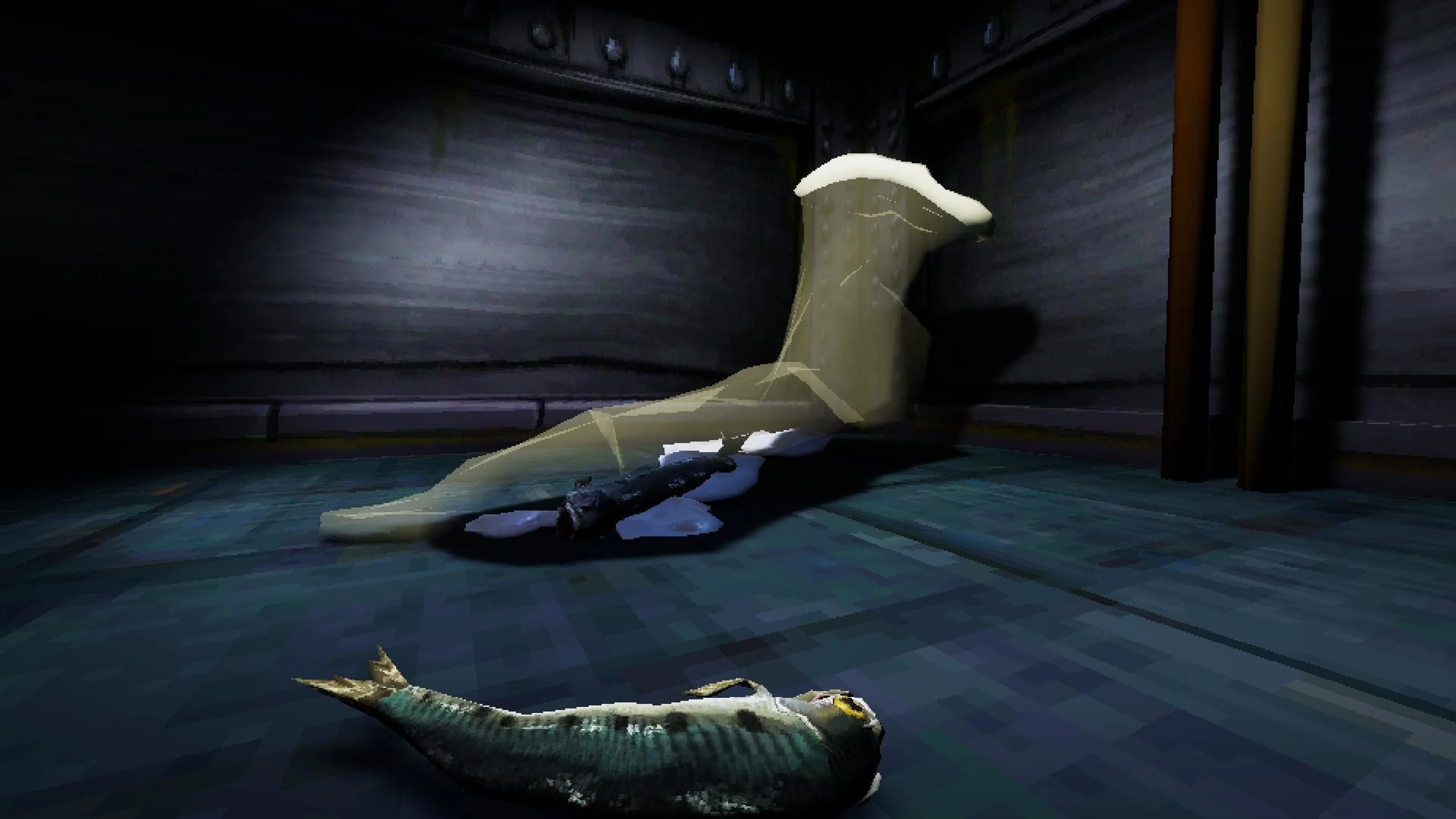A small sardine lies on a dark floor beside an enormous white boot in How Fish Is Made.