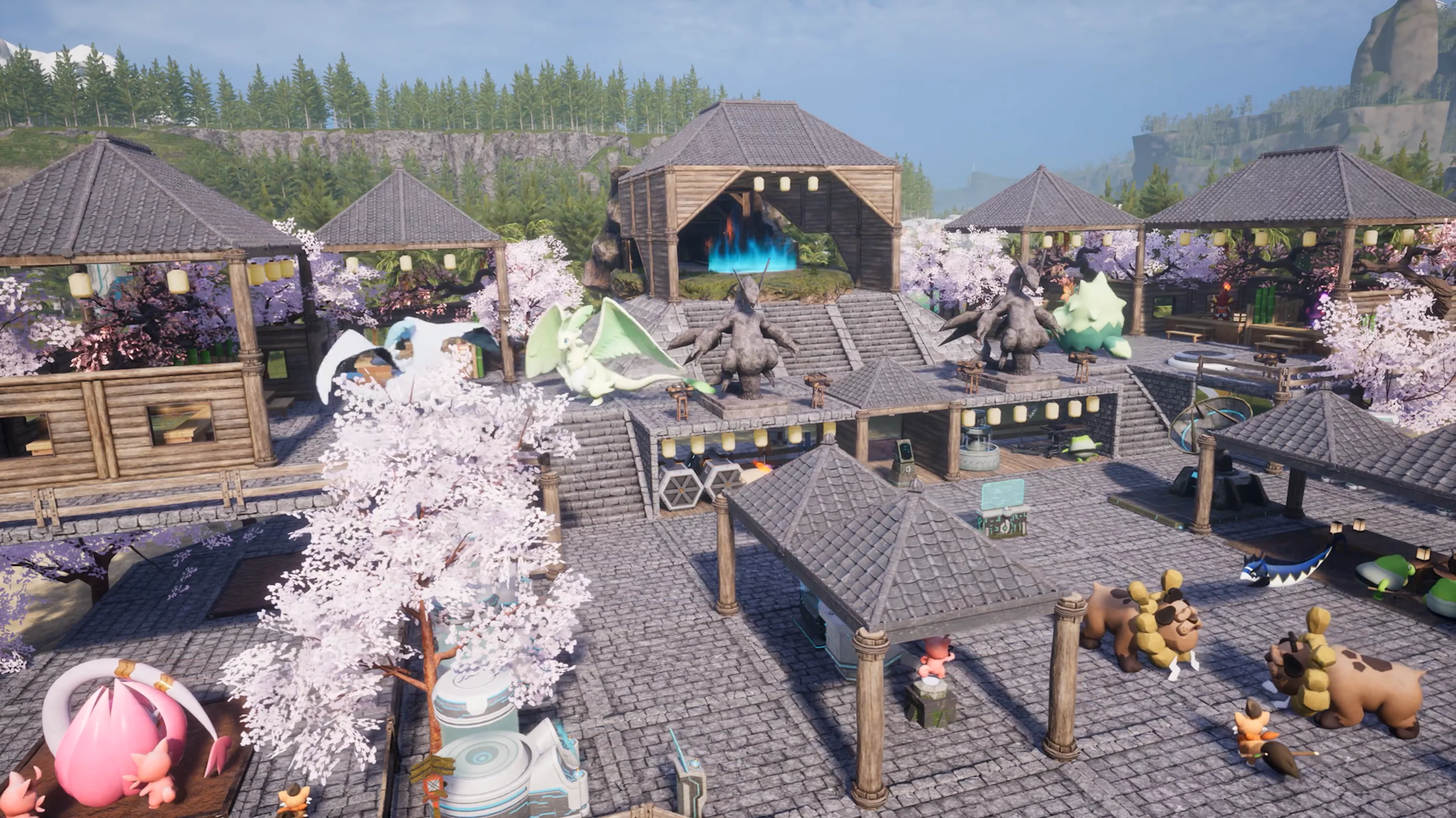 A large Palworld base filled with working Pals and crafting stations.