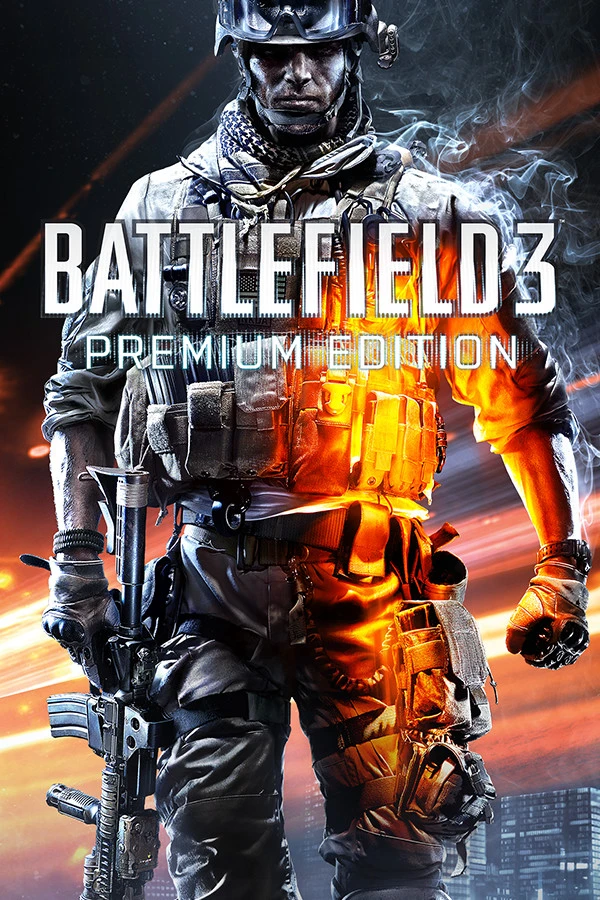 Official Battlefield 3 Premium Edition PC cover showing an armed soldier, orange light and the native edition title.