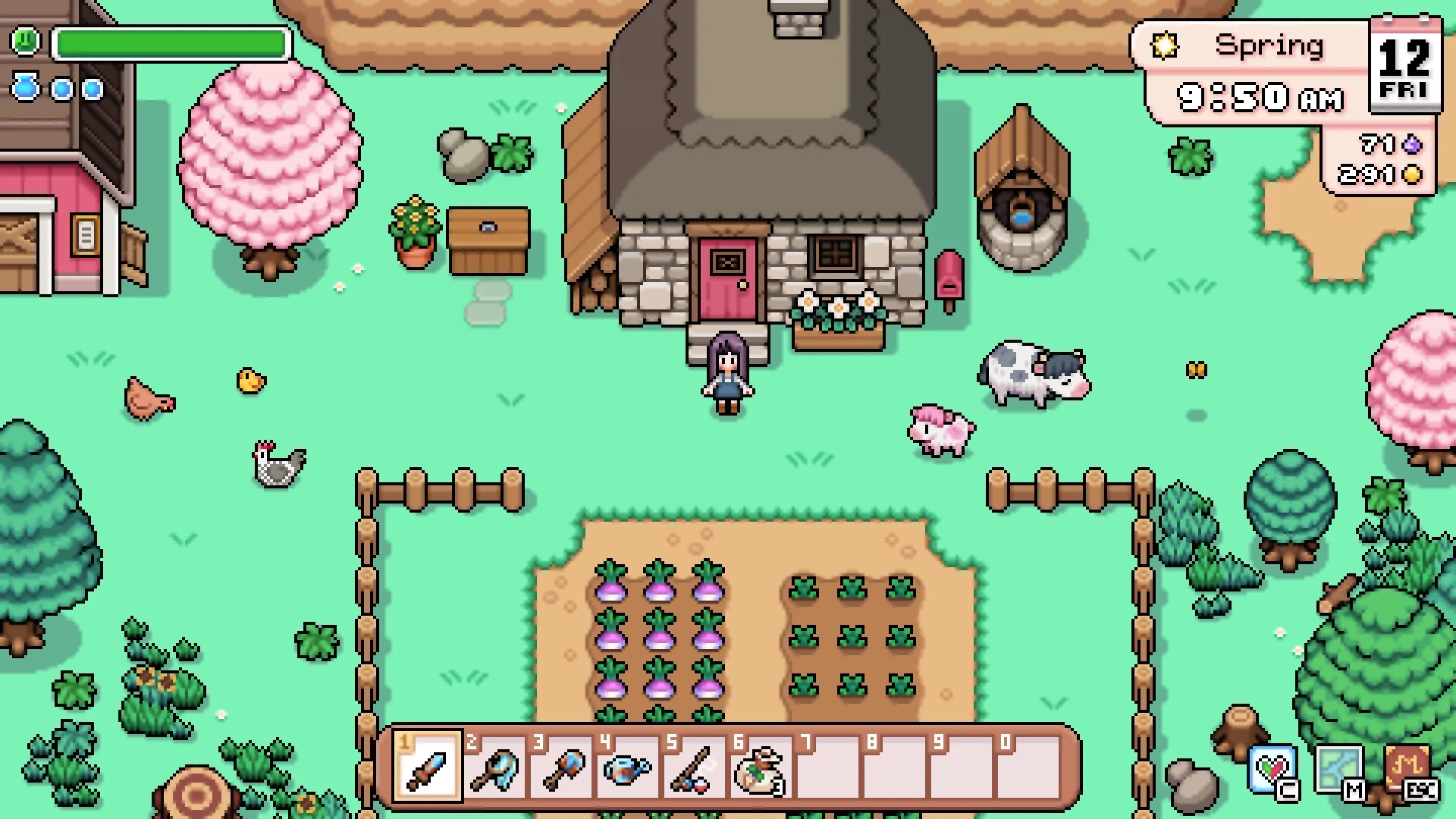 A Fields of Mistria player standing outside a farmhouse with crops and animals in spring.