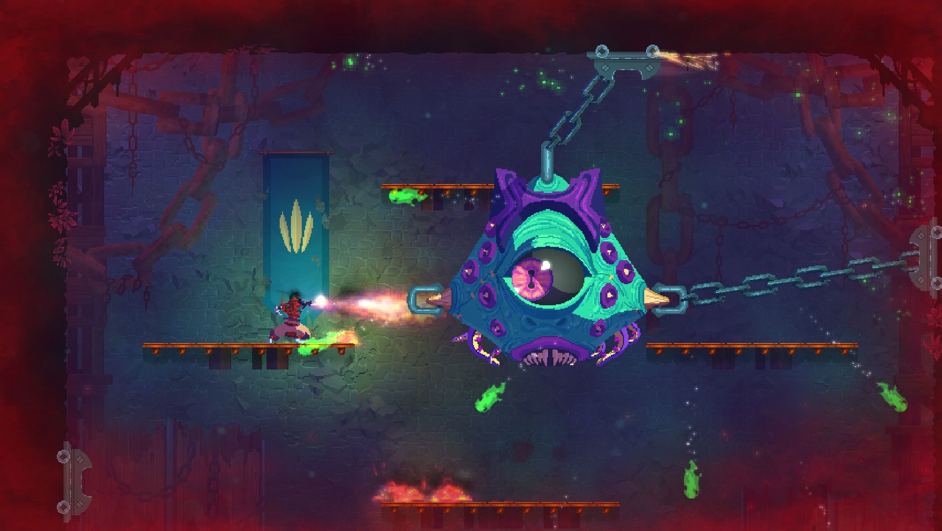 The small player character fires toward a large floating, chained eye-shaped enemy.