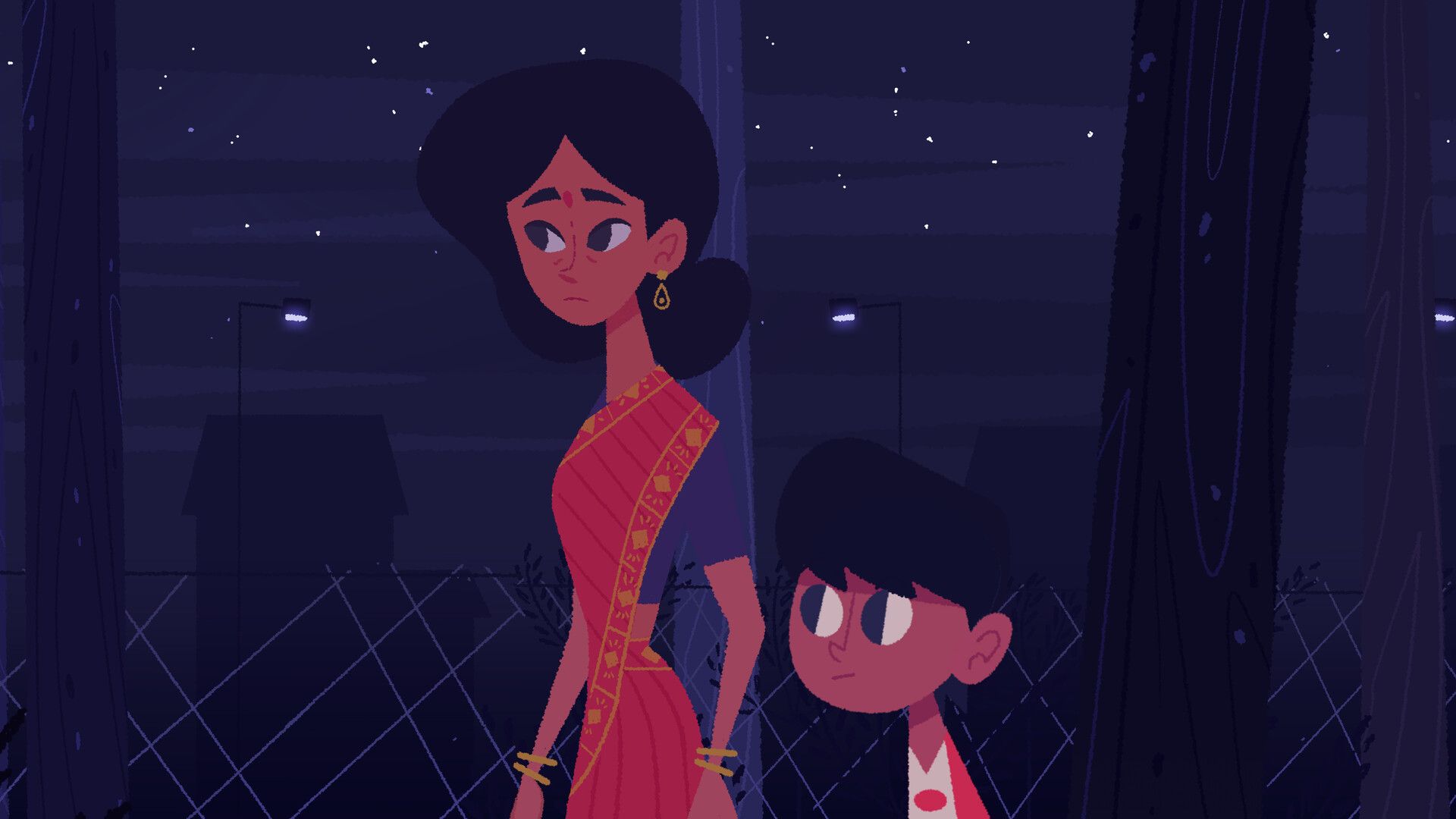 Venba and a child walk together outdoors at night, with houses and a streetlight behind them.