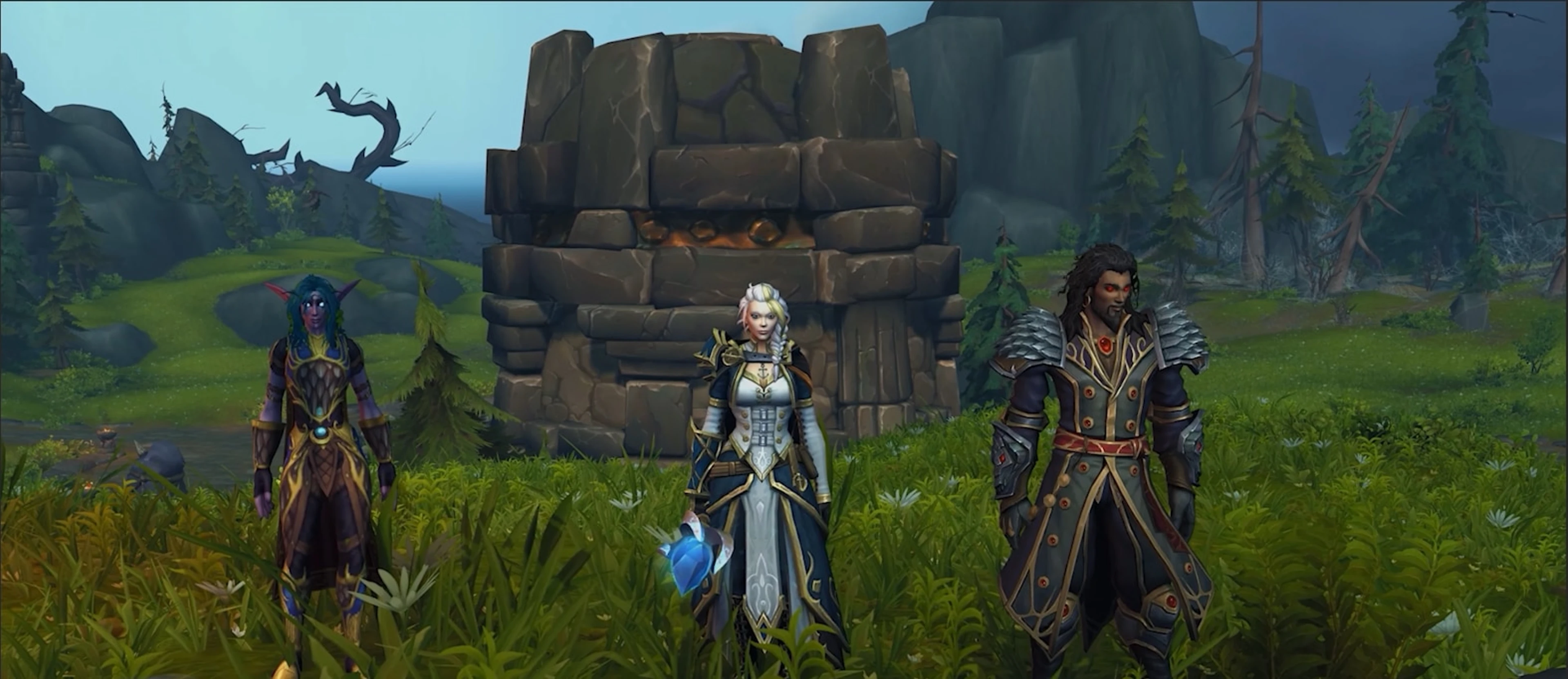 Three adventurers in Exile’s Reach in World of Warcraft.