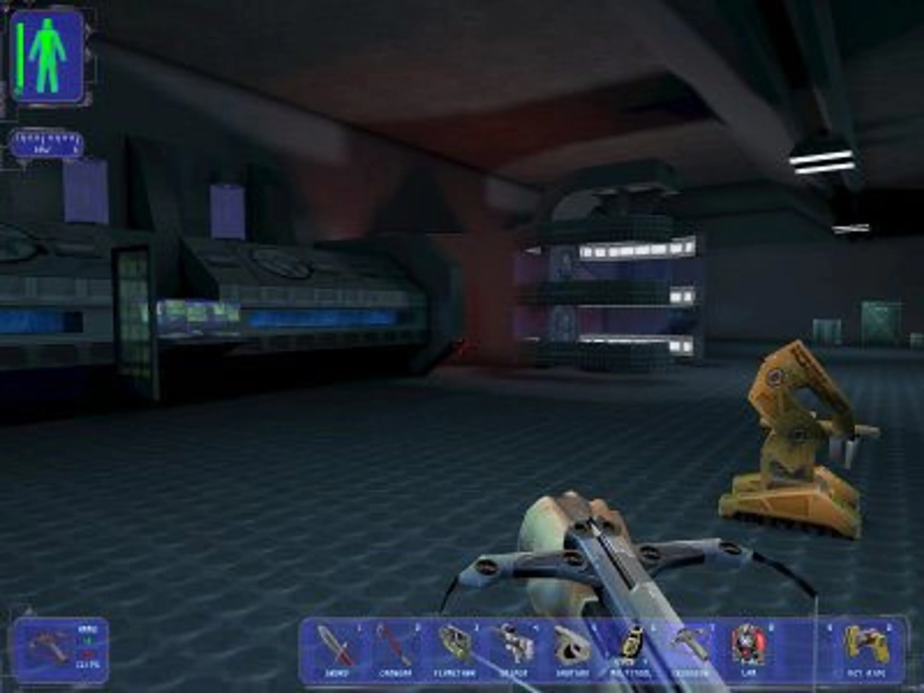 The first-person interface and a crossbow in Deus Ex.