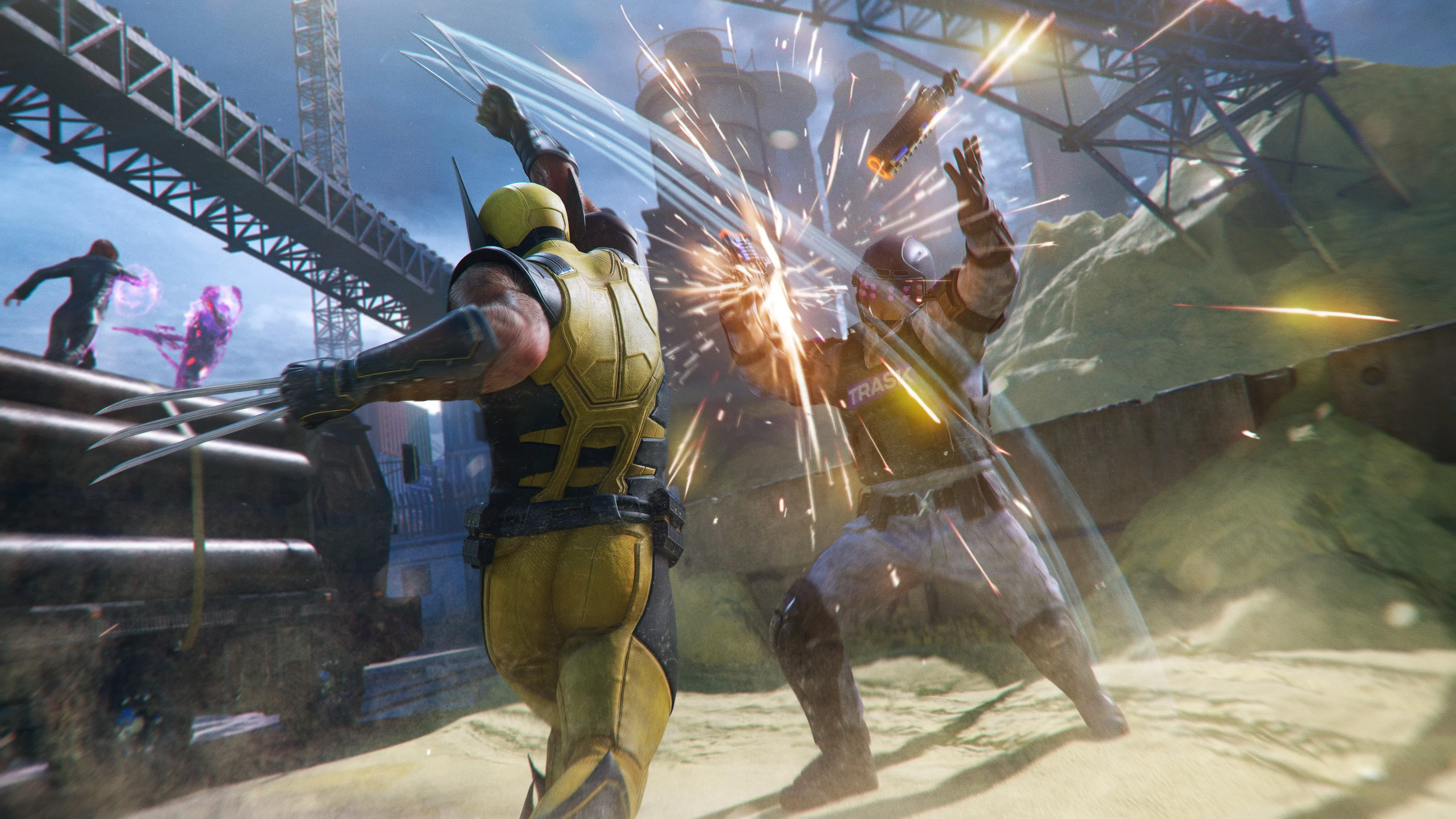Wolverine strikes an armed guard with his claws while Jean Grey stands nearby.